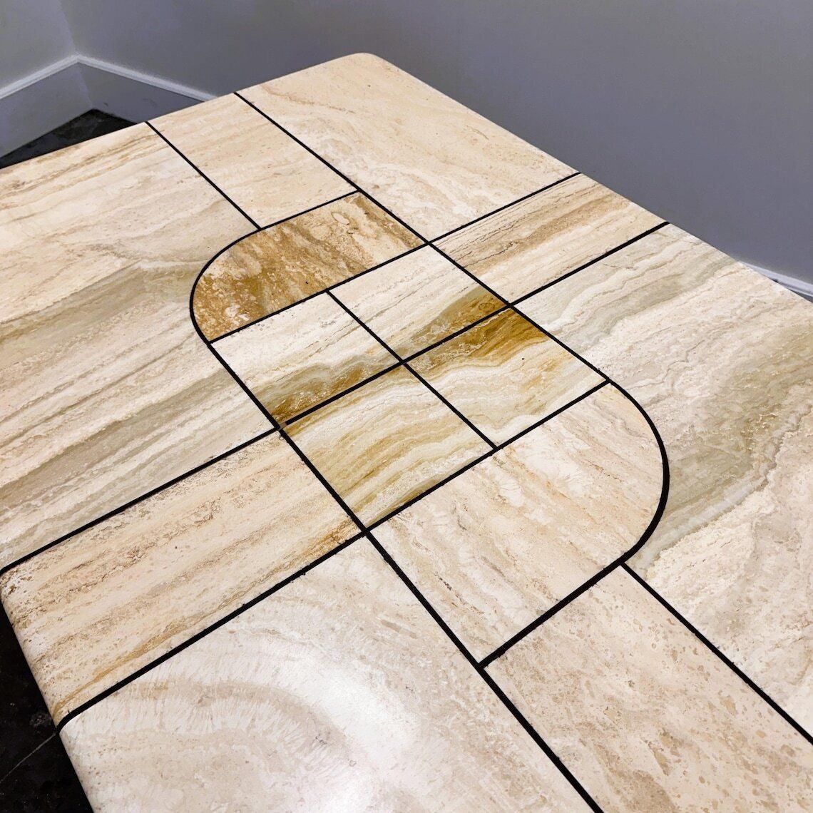 Large 1970s Travertine Stone Coffee Table With Sculptural Inlay Top And Solid Oak Base photo furniture