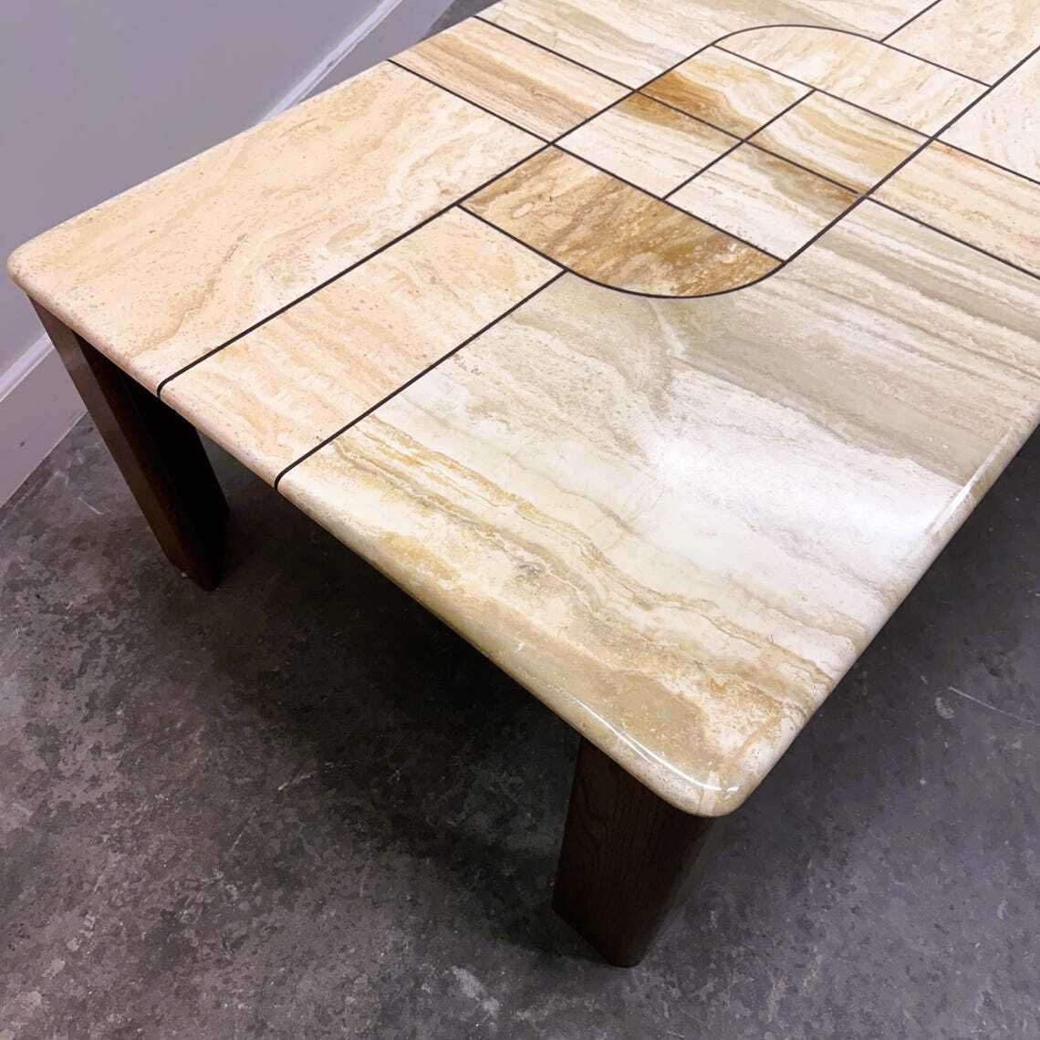 photo furniture Large 1970s Travertine Stone Coffee Table With Sculptural Inlay Top And Solid Oak Base