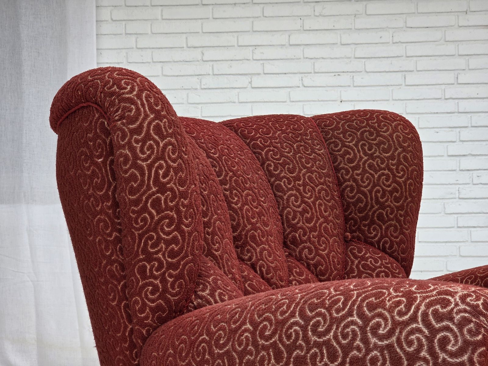 1960s, Danish Relax Armchair, Original Red Furniture Wool, Oak Wood Legs. photo buy