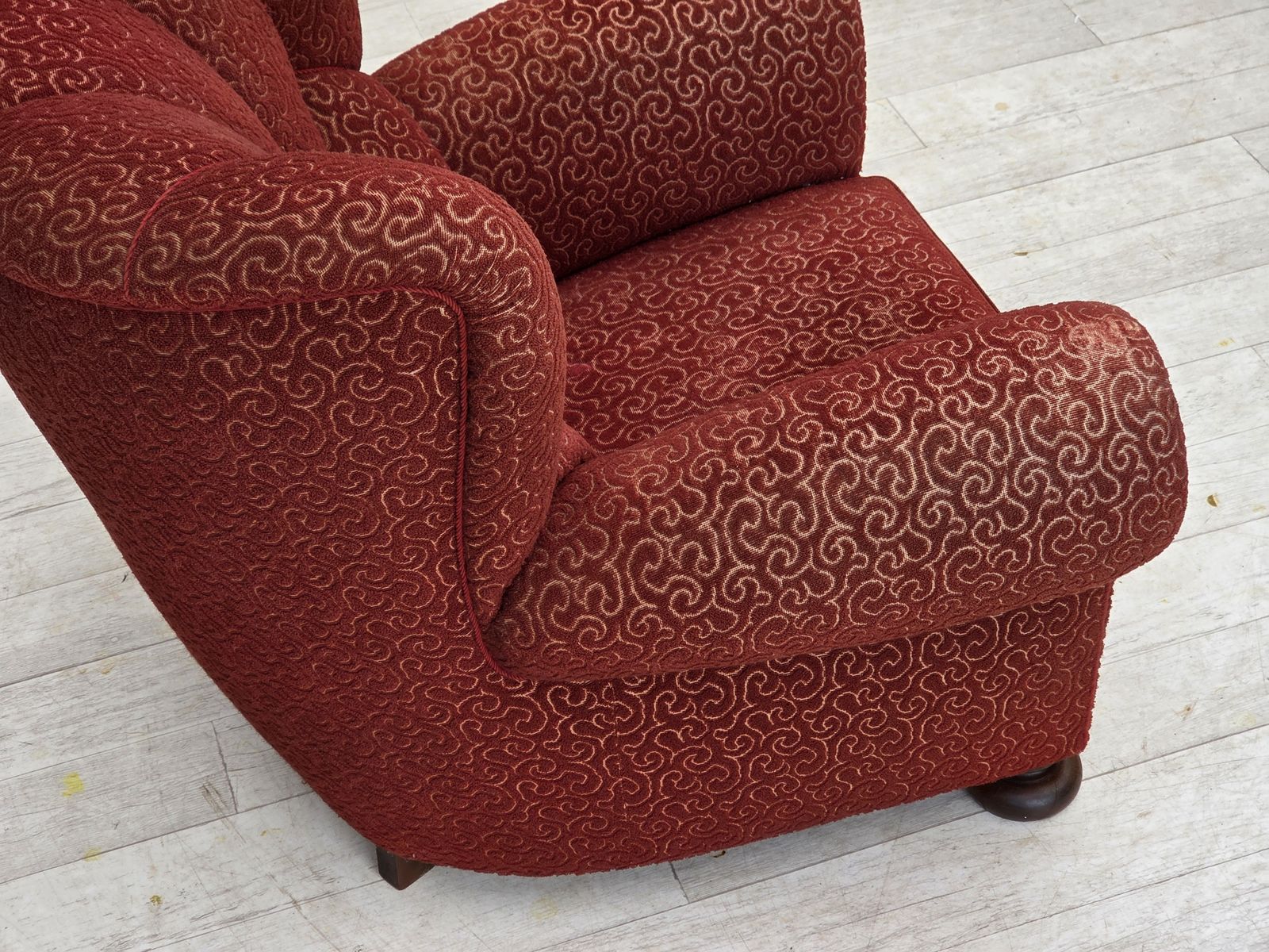 photo for sale 1960s, Danish Relax Armchair, Original Red Furniture Wool, Oak Wood Legs.