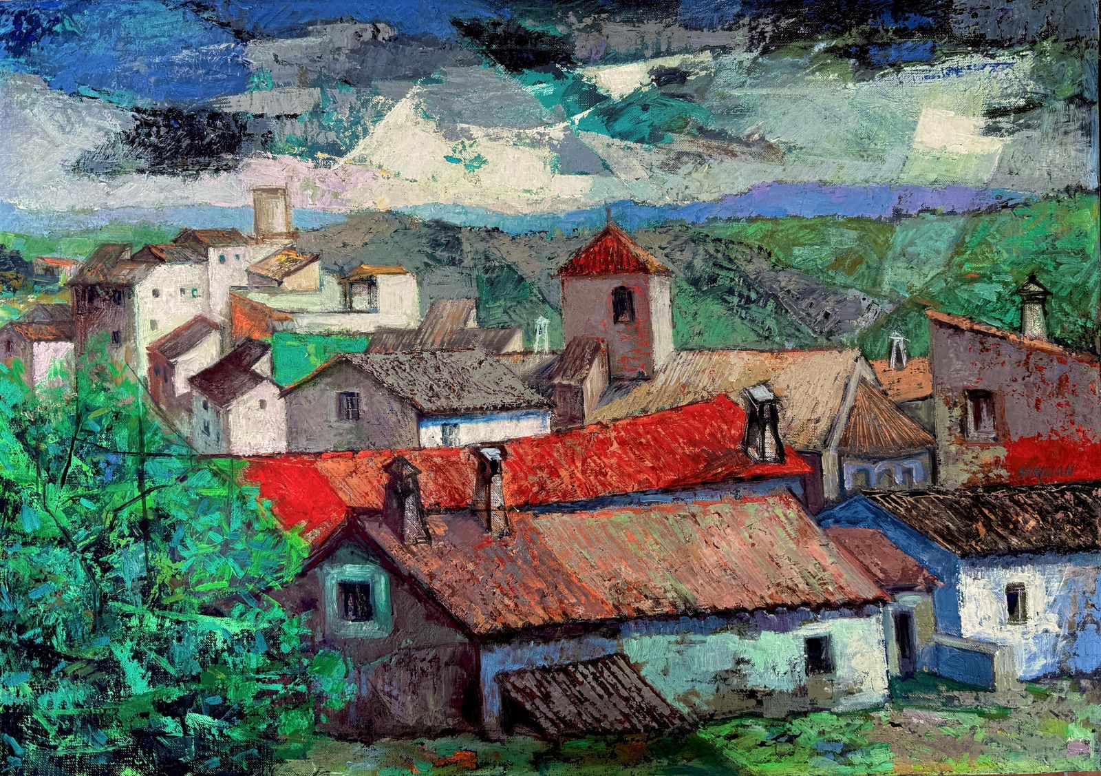 Bernat Sanjuan Tarré – Mediterraan Dorpsgezicht Op Mallorca, Olieverf Op Doek, Ca. 1960