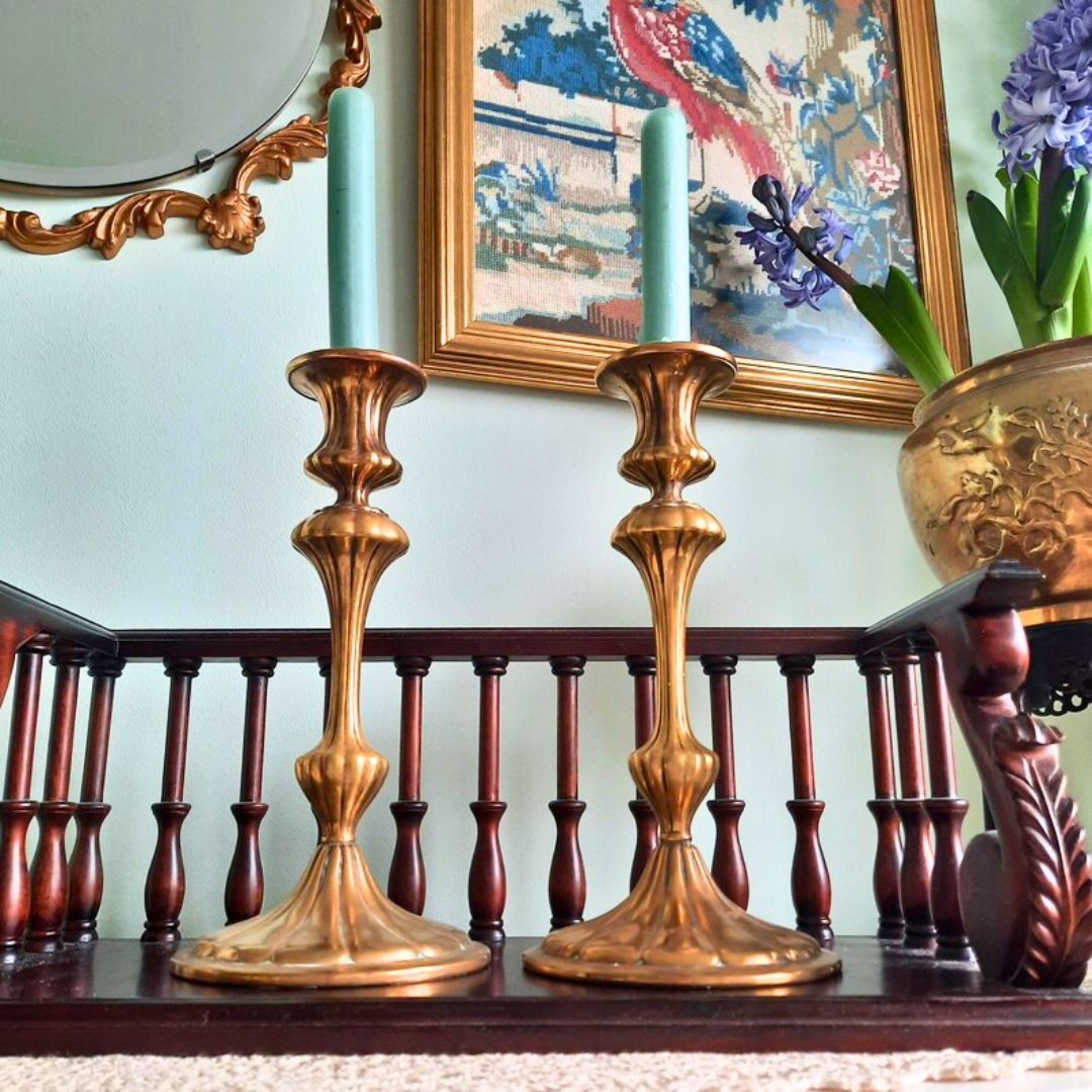 Antique Continental Brass Candlesticks Holders Pair H 9.7'', Large Antique Candle Holders.