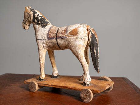 Antique Wooden Toy Horse On Wheels, Early 20th Century photo vintage