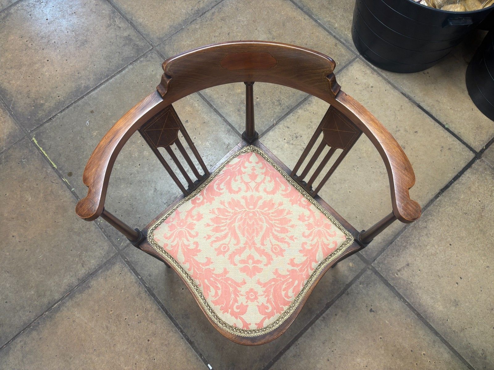 Antique Edwardian Inlaid Mahogany Corner Chair With Reupholstered Cushion Base photo furniture
