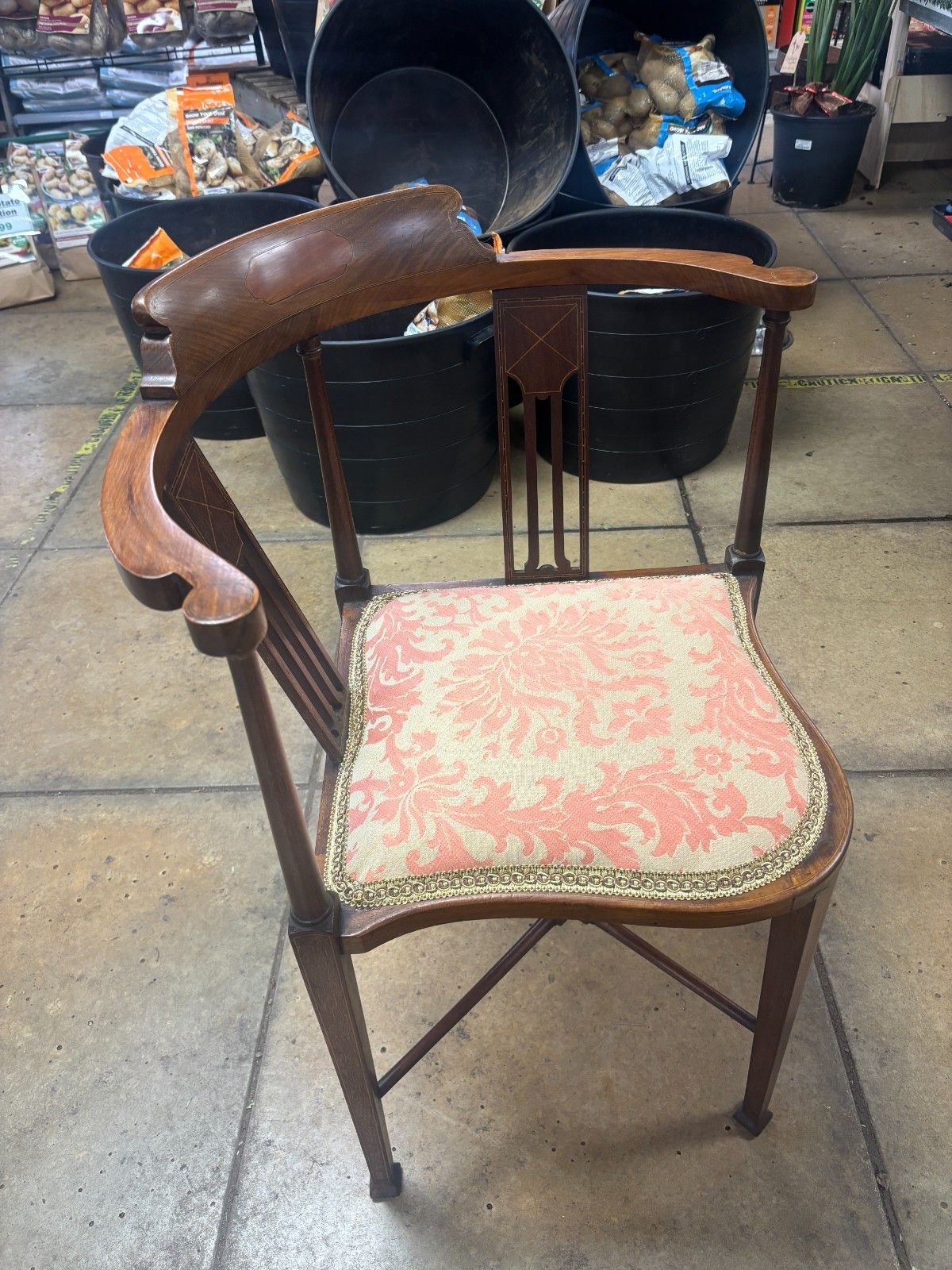 Antique Edwardian Inlaid Mahogany Corner Chair With Reupholstered Cushion Base photo for sale