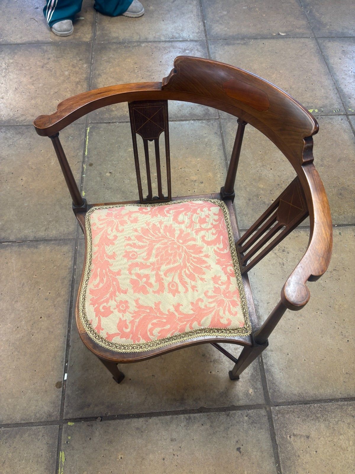 photo for sale Antique Edwardian Inlaid Mahogany Corner Chair With Reupholstered Cushion Base