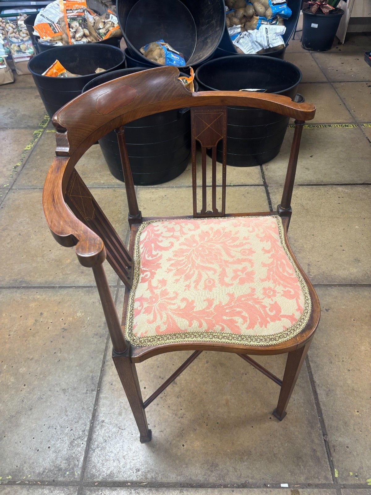 Furniture Antique Edwardian Inlaid Mahogany Corner Chair With Reupholstered Cushion Base photo