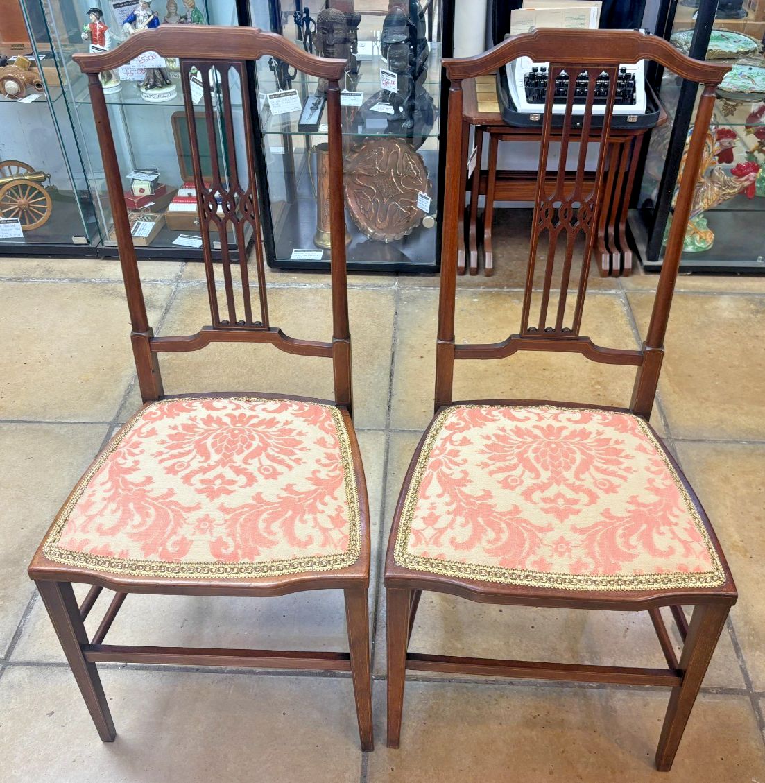 Pair Of Edwardian Mahogany Side Chairs With Reupholstered Cushion Base