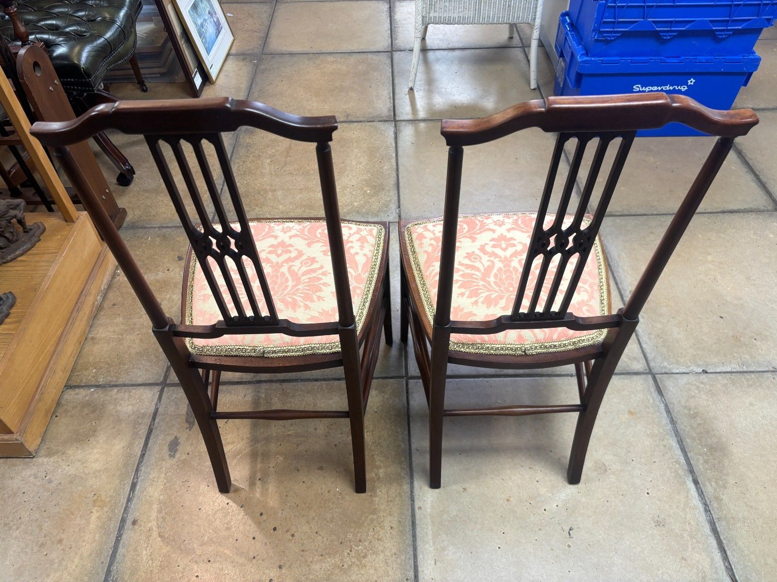 photo for sale Pair Of Edwardian Mahogany Side Chairs With Reupholstered Cushion Base