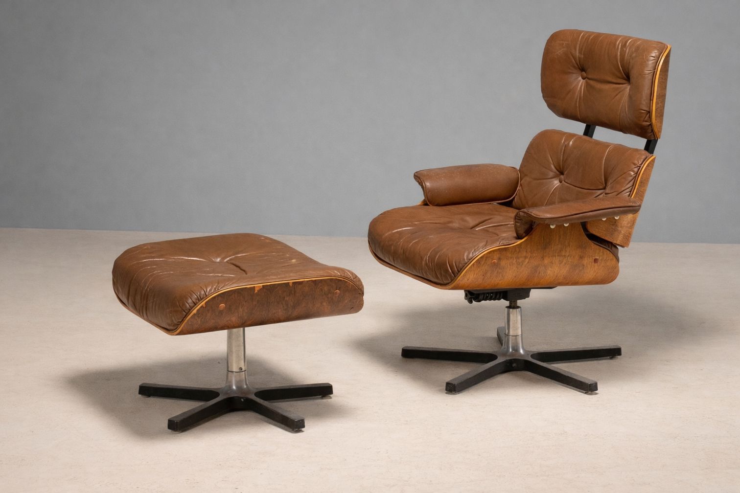 Mid Century Lounge Chair With Ottoman, Leather & Plywood, 1960s