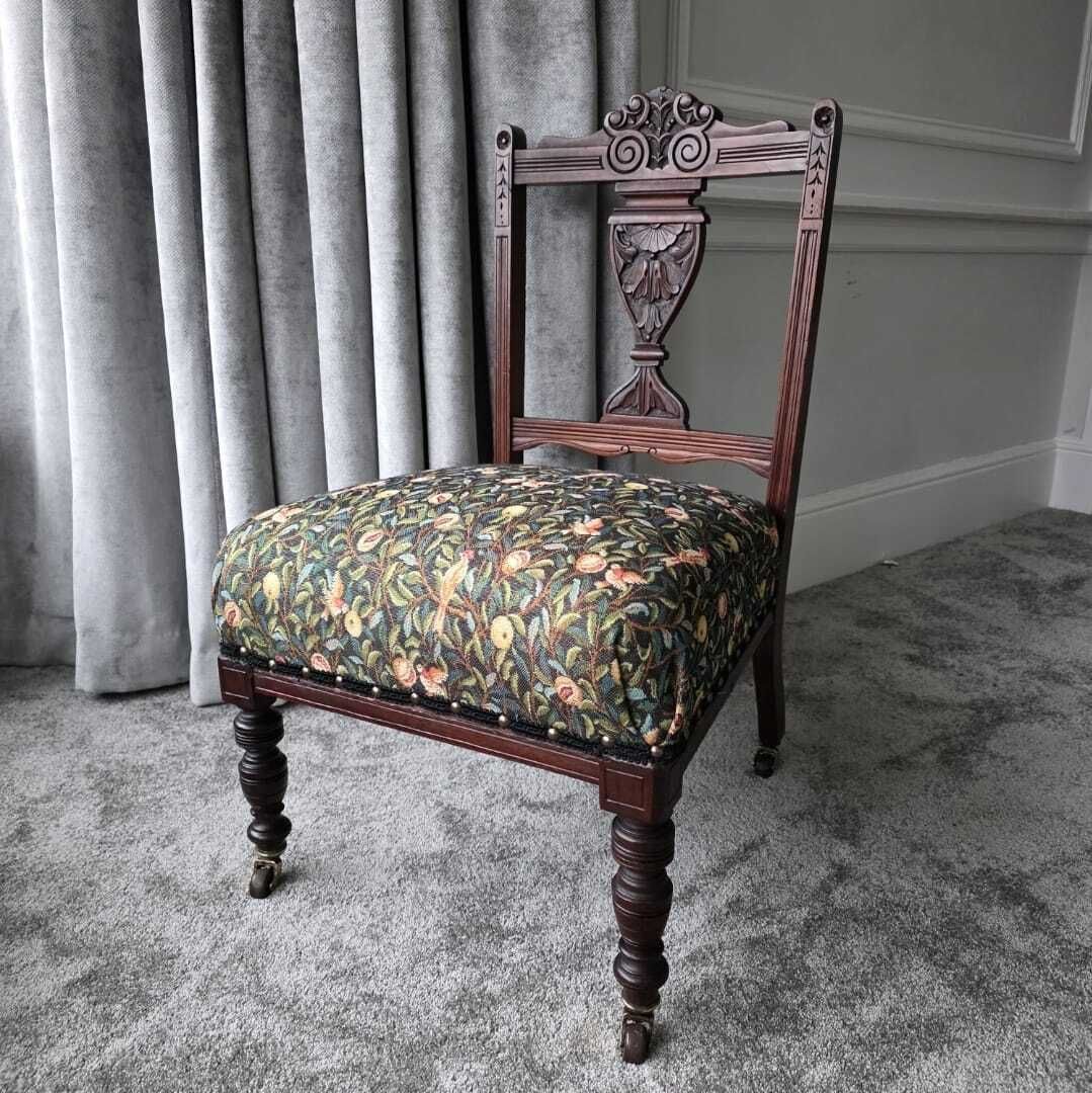 Antique, Mahogany Framed Child's Chair On Original Castors. Covered In Wlm Morris Fabric.
