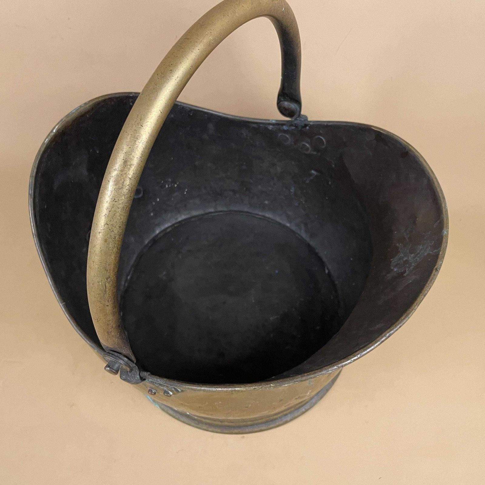 Antique Metal Gold Brass Coal Bucket Handle Fireside Fire Side Scuttle Log Helmet Farmhouse Cottage Aged Patina Vintage Fireplace Logs photo buy