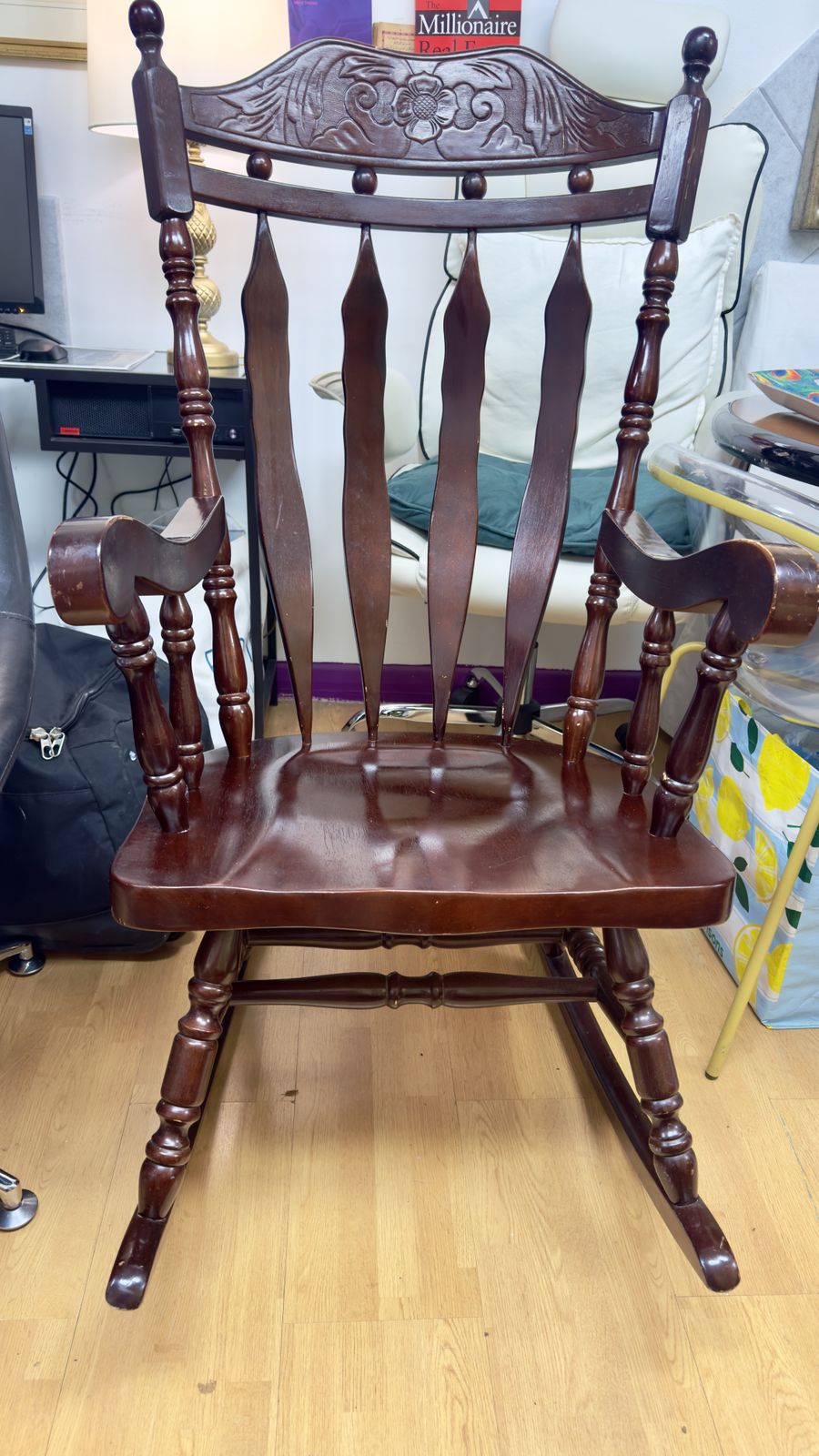 Traditional Dark Walnut Finish Wooden Rocking Chair photo for sale