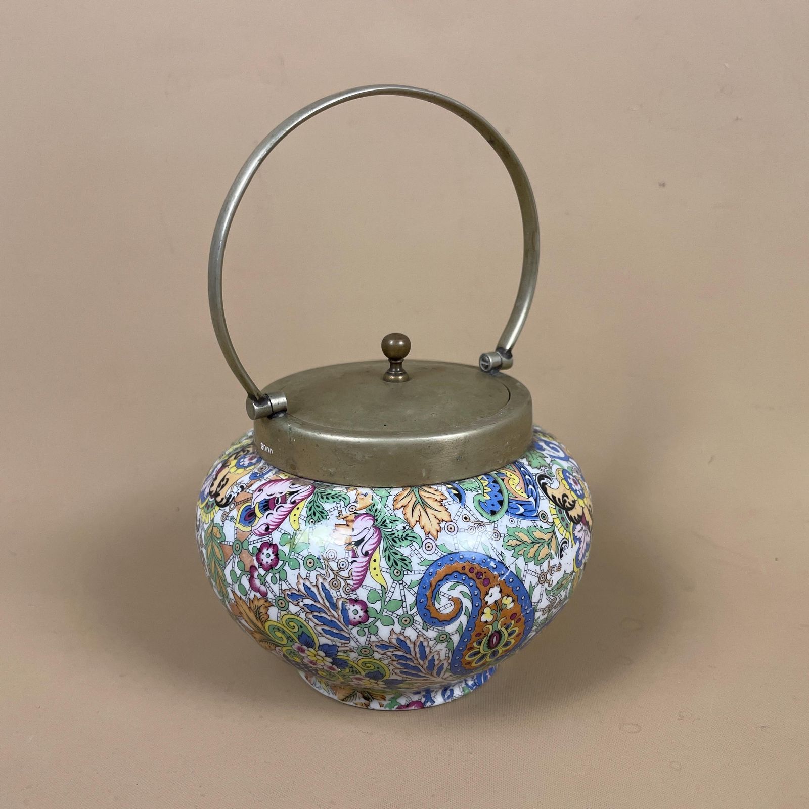 Ceramic Paisley Pattern Pot Brass Lid Decorative Boho Jar With Handle Display Colourful Eclectic Home Decor Cottage Country Tea Caddy