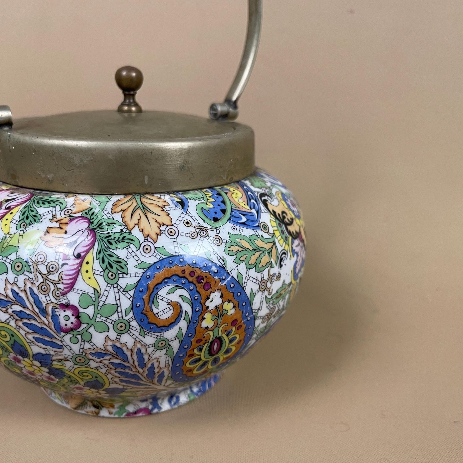 Ceramic Paisley Pattern Pot Brass Lid Decorative Boho Jar With Handle Display Colourful Eclectic Home Decor Cottage Country Tea Caddy photo for sale