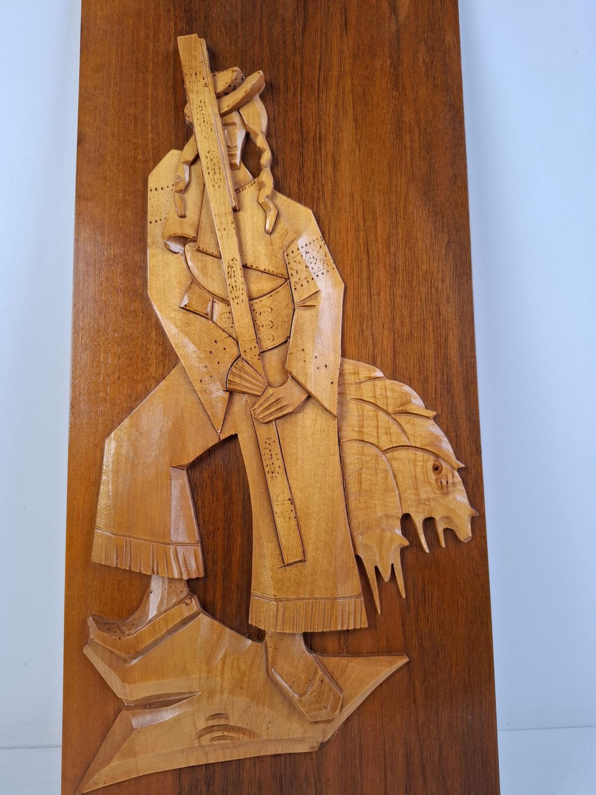 Midcentury Czech Hand Carved Wooden Shepherd Wall Relief, 1960 photo furniture