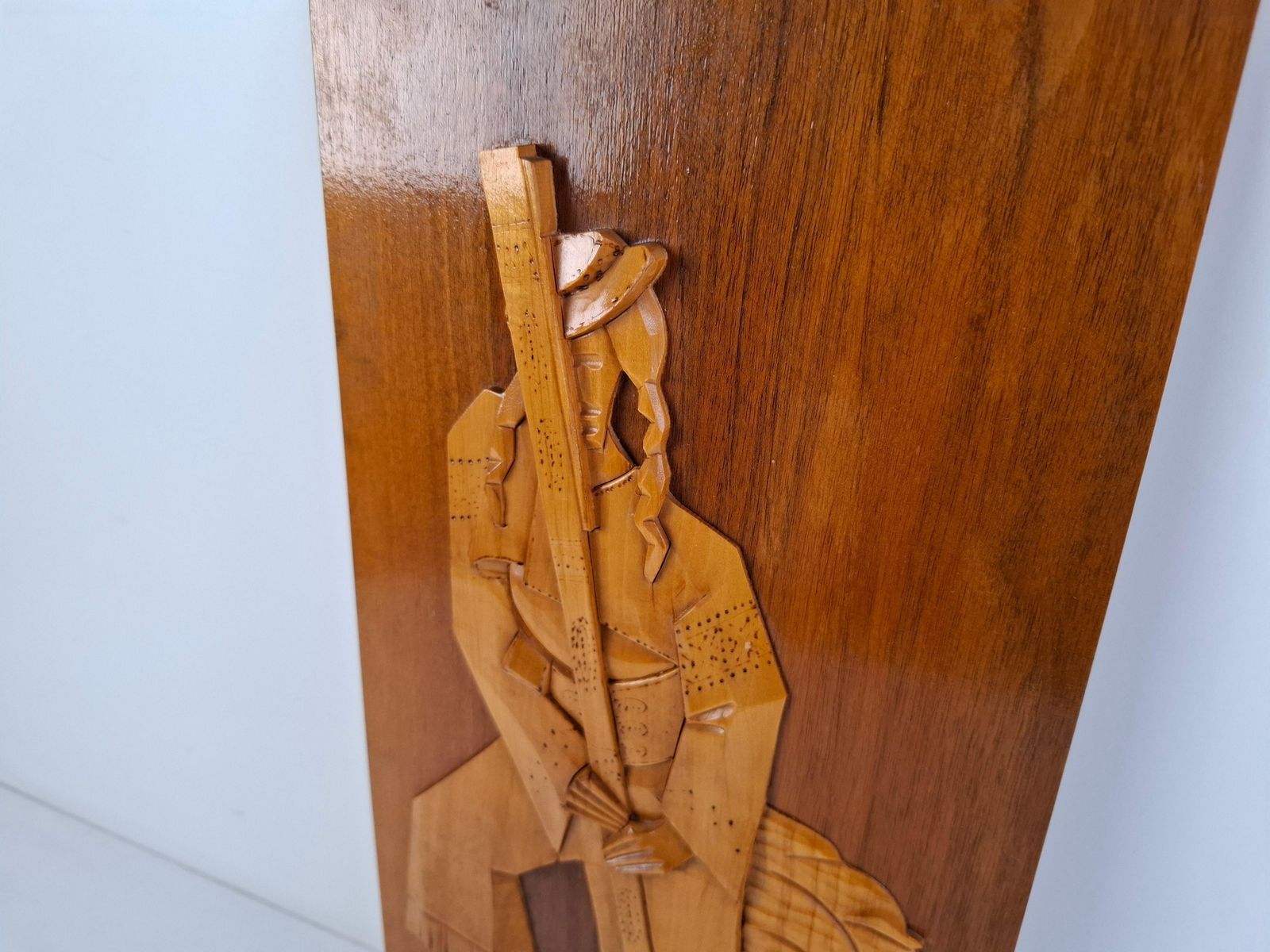 Midcentury Czech Hand Carved Wooden Shepherd Wall Relief, 1960 photo vinterior