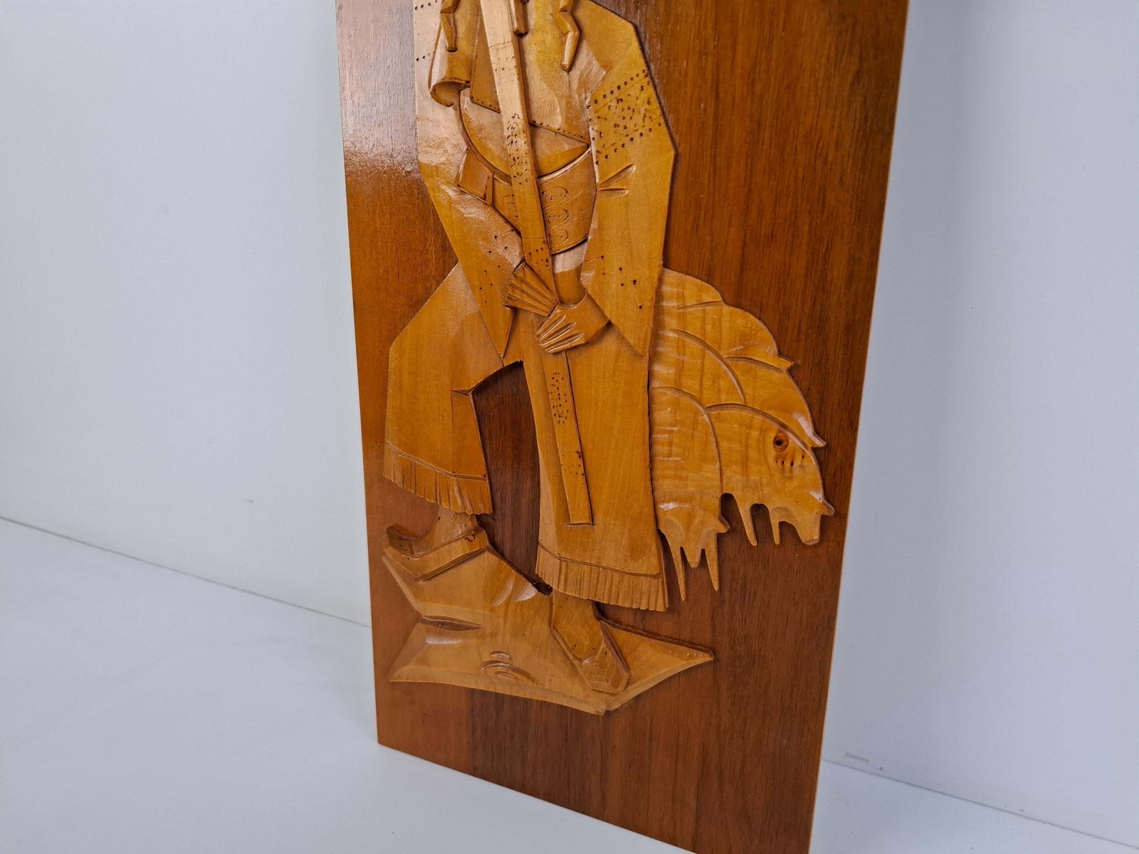 Midcentury Czech Hand Carved Wooden Shepherd Wall Relief, 1960 photo buy