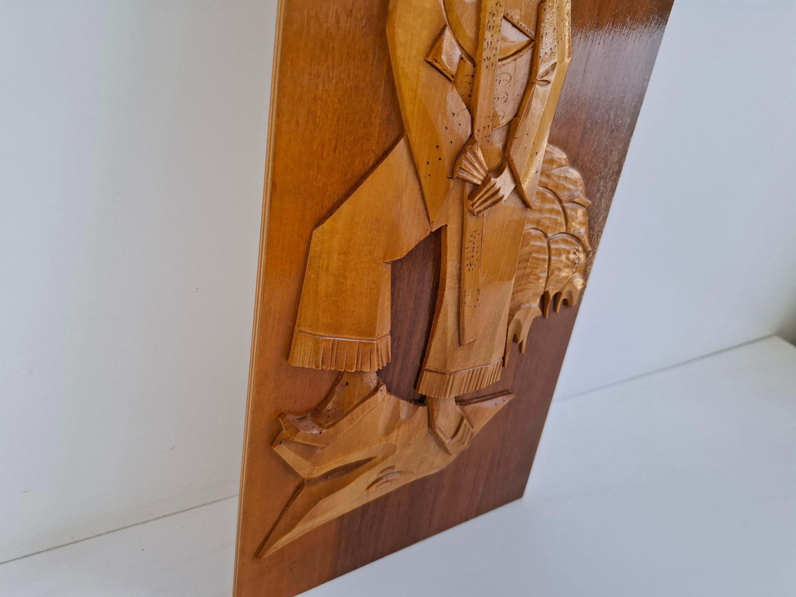 Midcentury Czech Hand Carved Wooden Shepherd Wall Relief, 1960 photo vintage