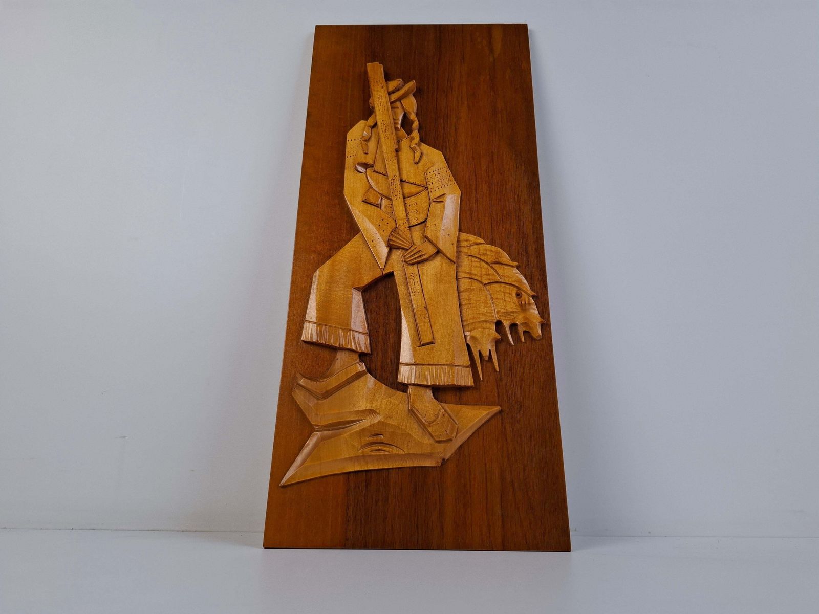 photo vinterior Midcentury Czech Hand Carved Wooden Shepherd Wall Relief, 1960