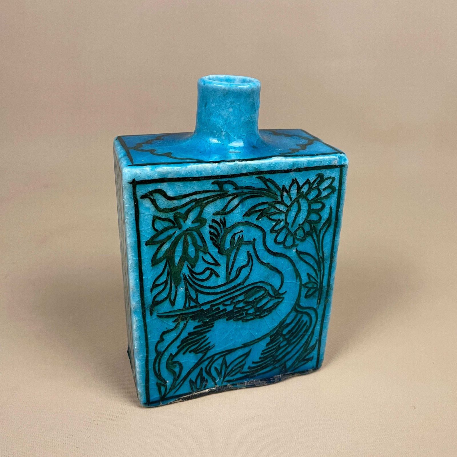 Turquoise Blue Ceramic Vase Bird Floral Hand Painted Square Pot Asian Style Oriental Boho Home Display Decor Glazed Earthenware photo furniture