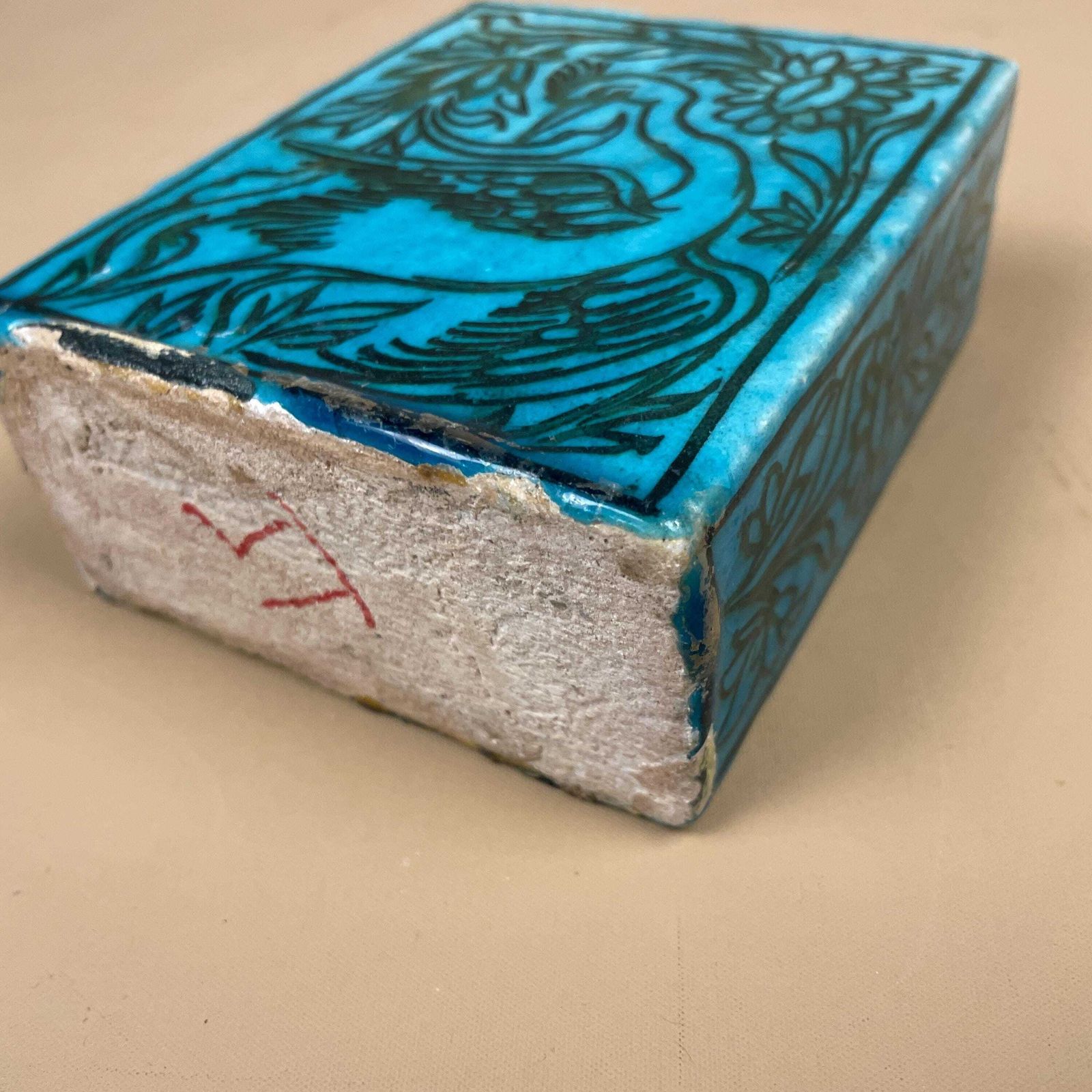 Turquoise Blue Ceramic Vase Bird Floral Hand Painted Square Pot Asian Style Oriental Boho Home Display Decor Glazed Earthenware photo vintage