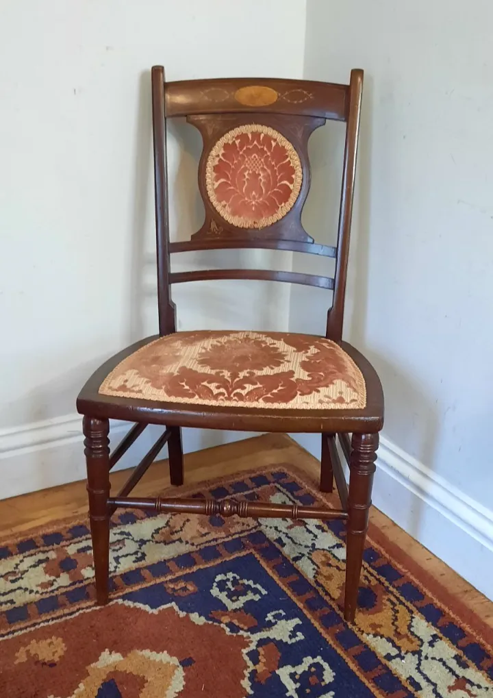Vintage Edwardian Bedroom Boudoir Chair Padded Flock Seat Inlaid Marquetry Back