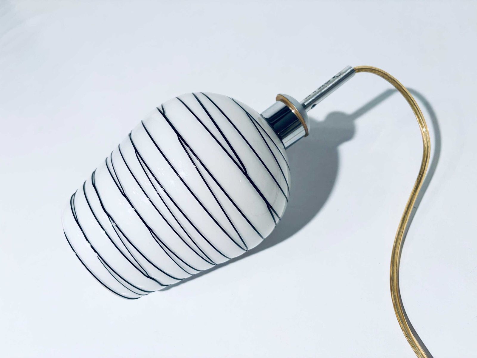 photo furniture Vintage Scandinavian Striped White Black Glass Hanging Lamp / Handmade Lamp Shade 1970s Denmark