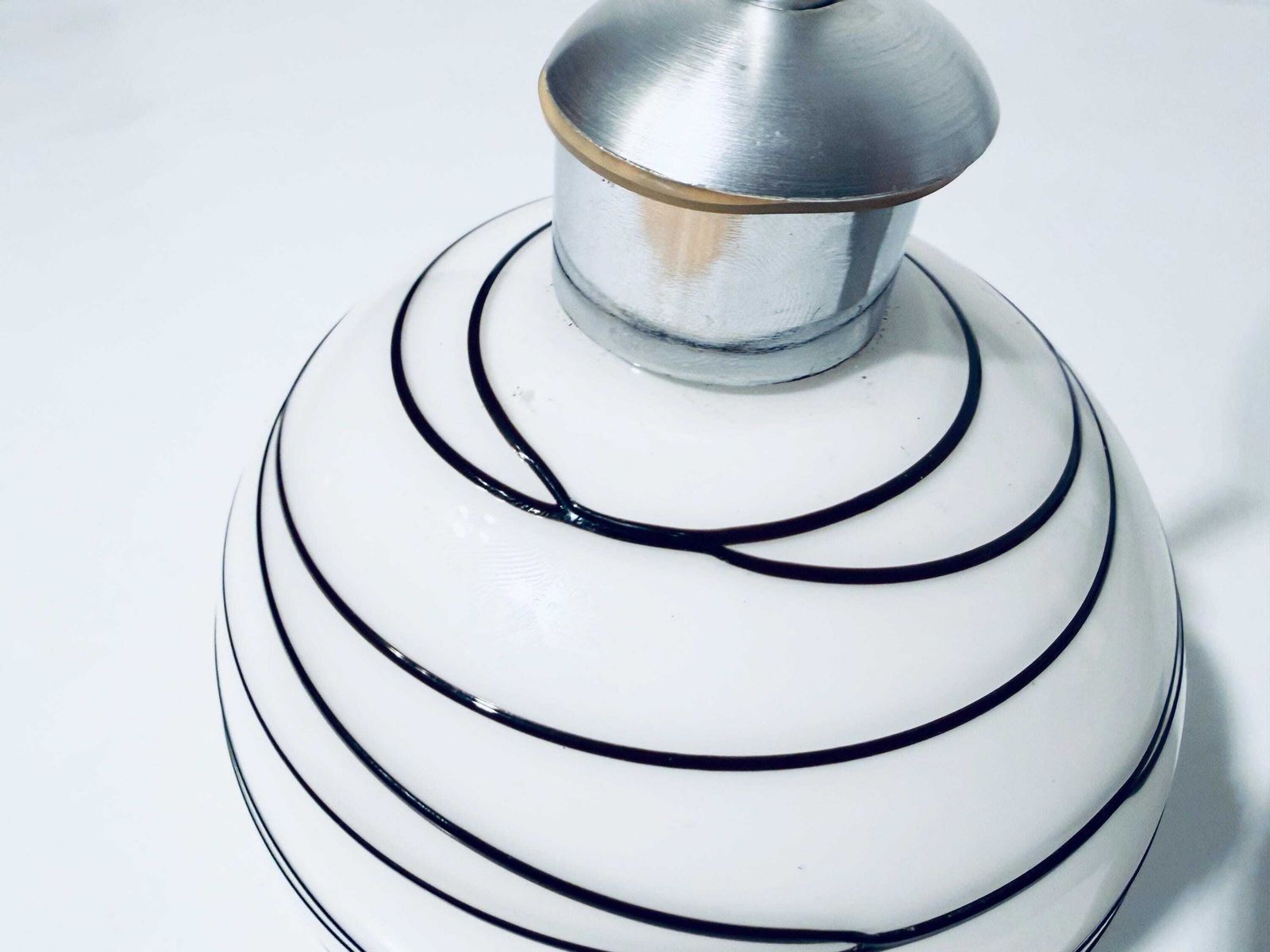 Lighting Vintage Scandinavian Striped White Black Glass Hanging Lamp / Handmade Lamp Shade 1970s Denmark photo
