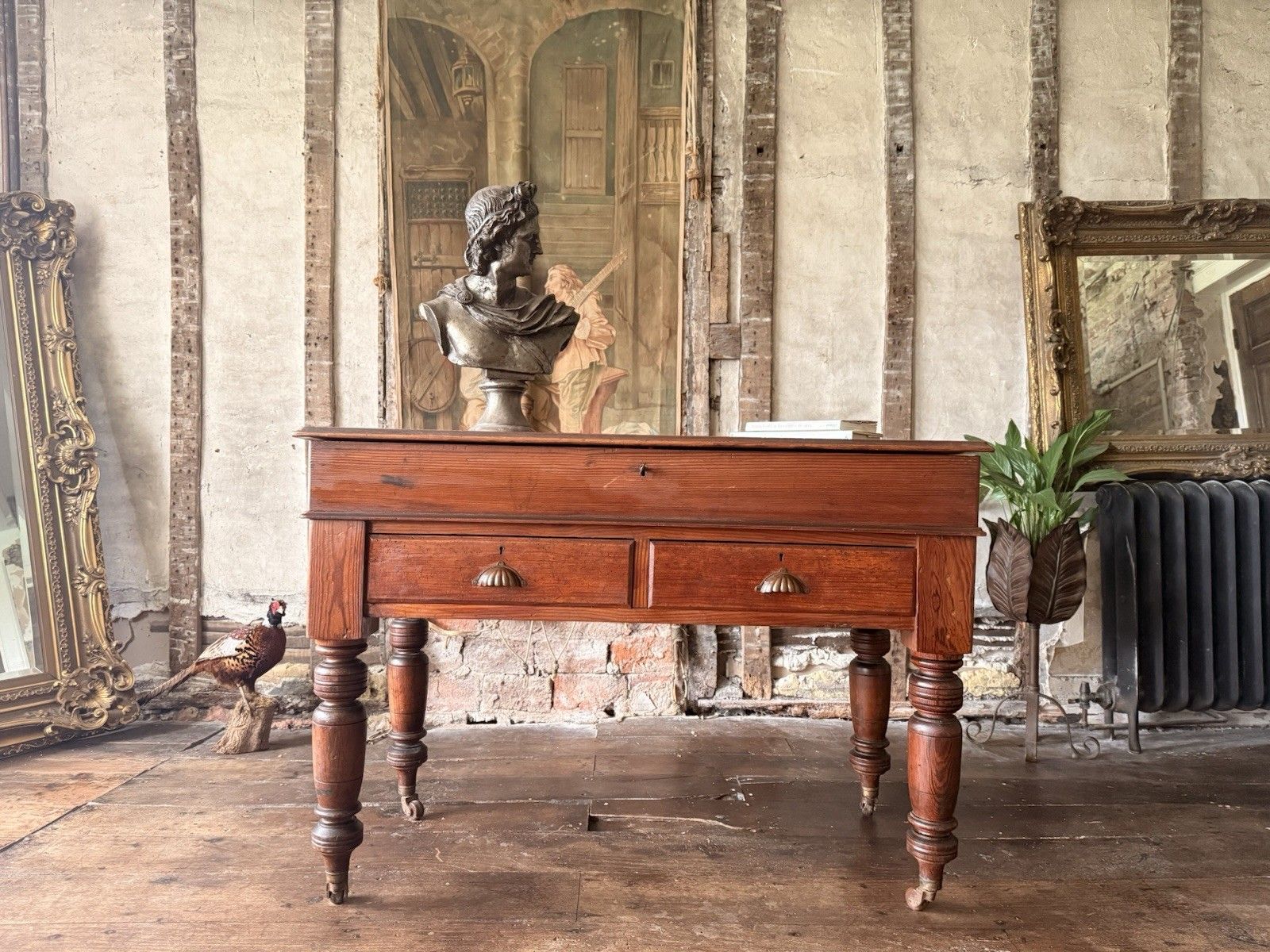 Antique Pitch Pine Rustic Farmhouse (Richard Smith) School Table Desk 1860 C