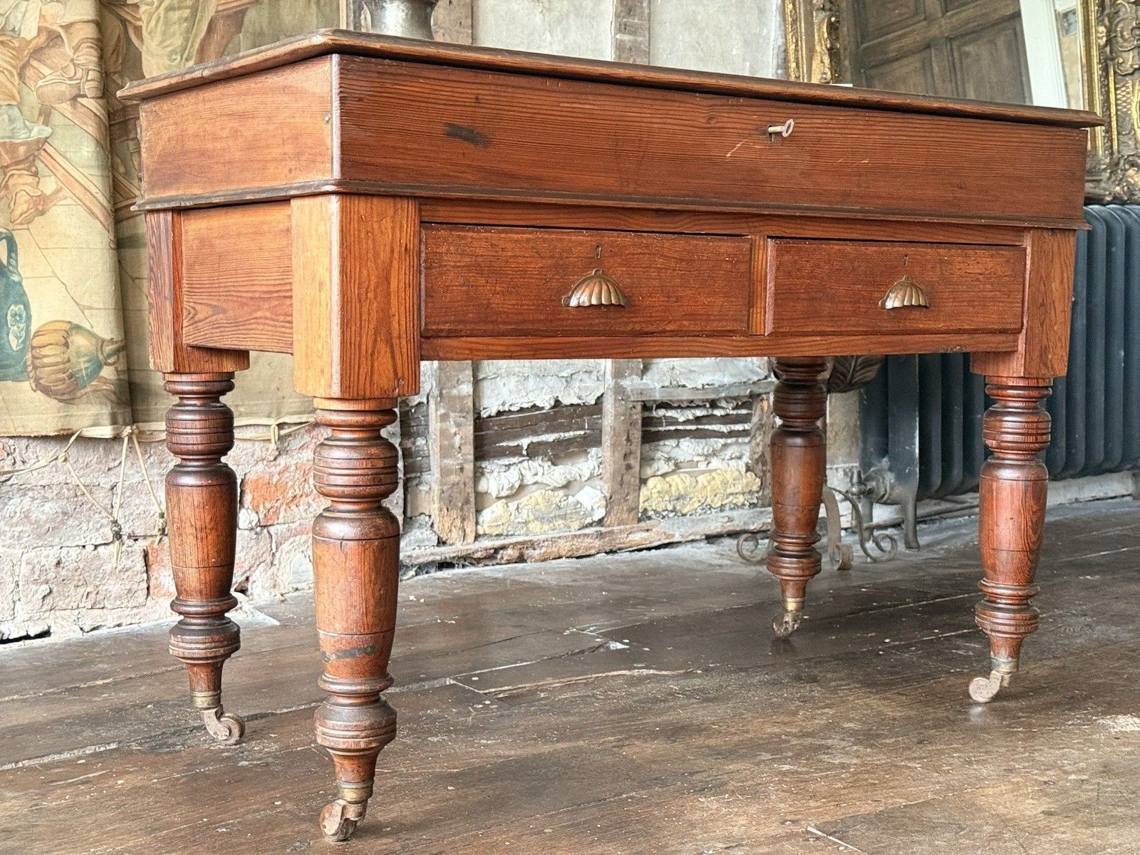 Antique Pitch Pine Rustic Farmhouse (Richard Smith) School Table Desk 1860 C photo 899.0