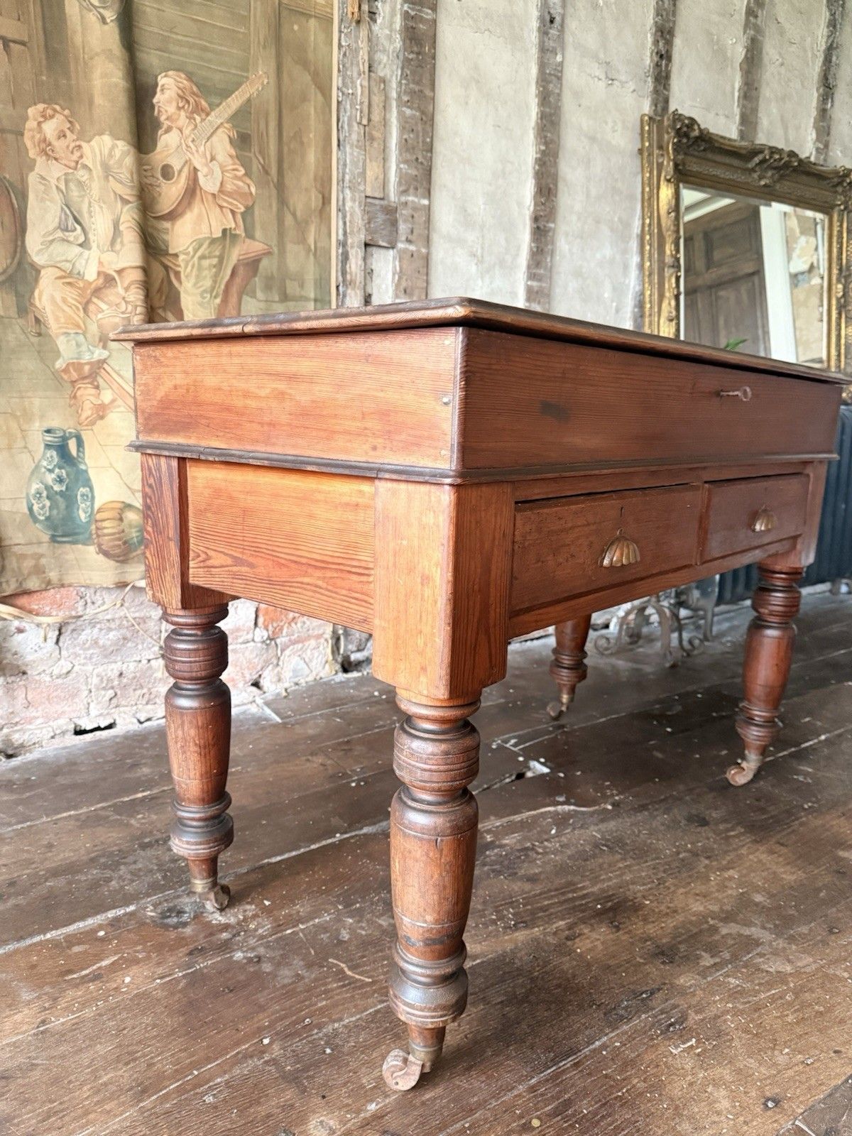 Antique Pitch Pine Rustic Farmhouse (Richard Smith) School Table Desk 1860 C photo vintage
