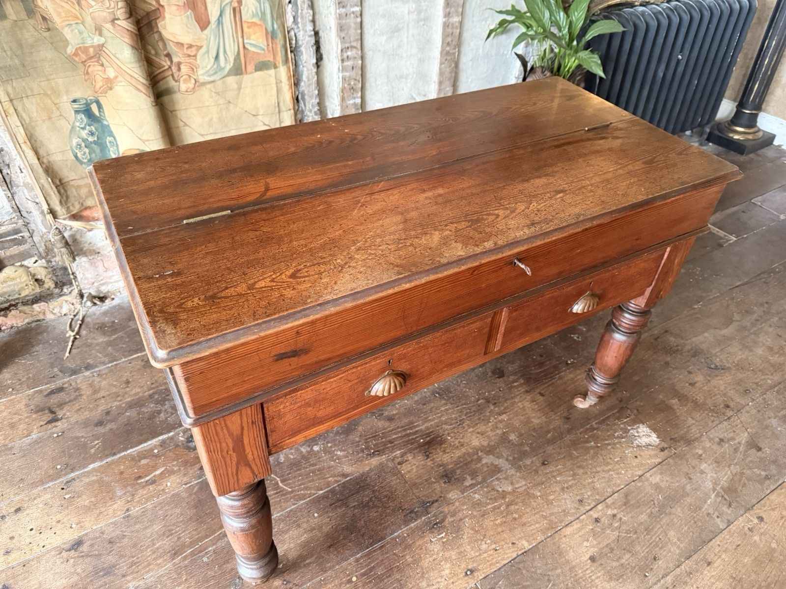 Furniture Antique Pitch Pine Rustic Farmhouse (Richard Smith) School Table Desk 1860 C photo