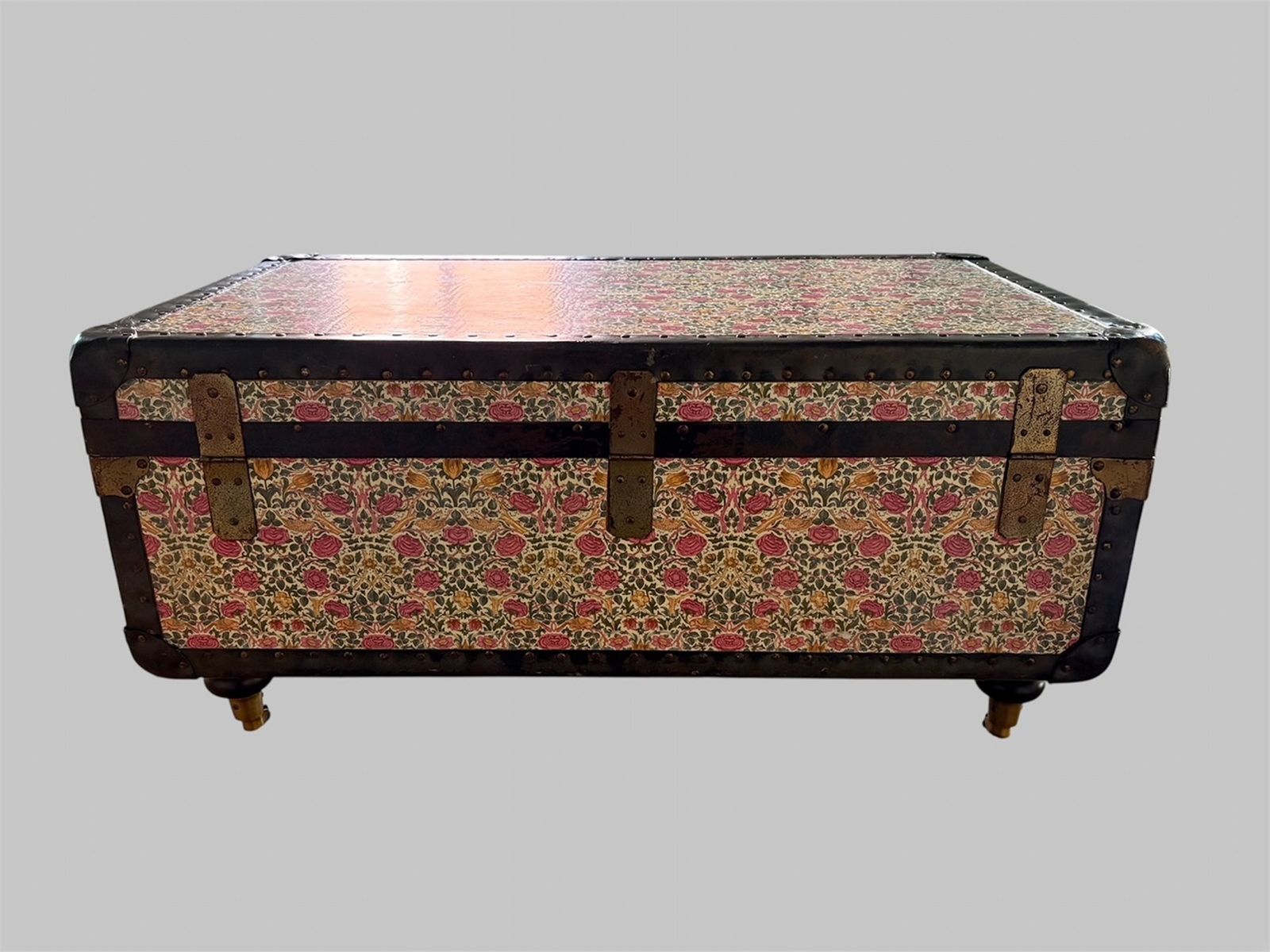 Floral Wallpapered Trunk On Castors England, Early–Mid 20th Century photo 925.0