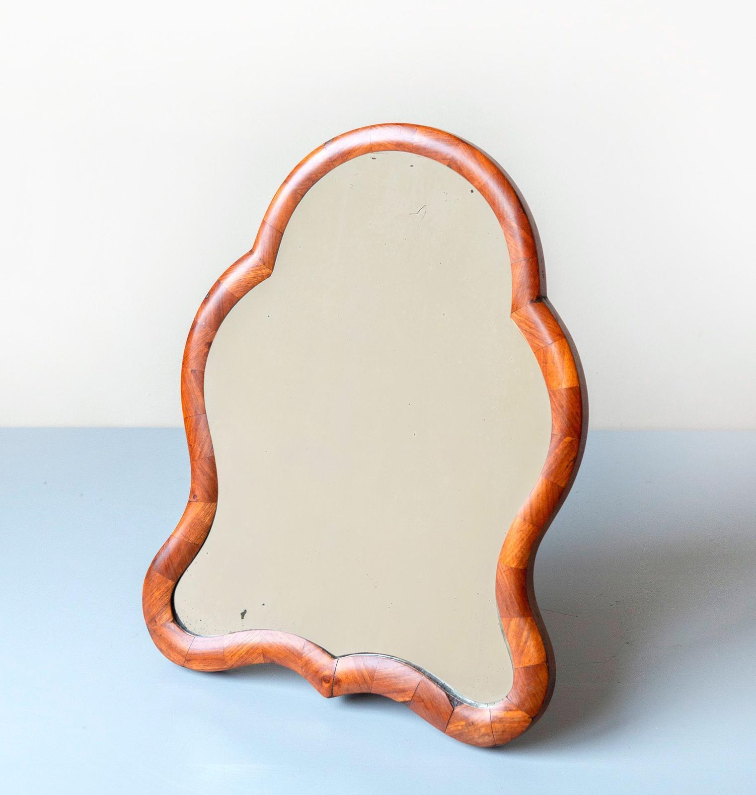 Antique Scalloped Table Mirror, Biedermeier Walnut Veneer Vanity Mirror, 19th Century