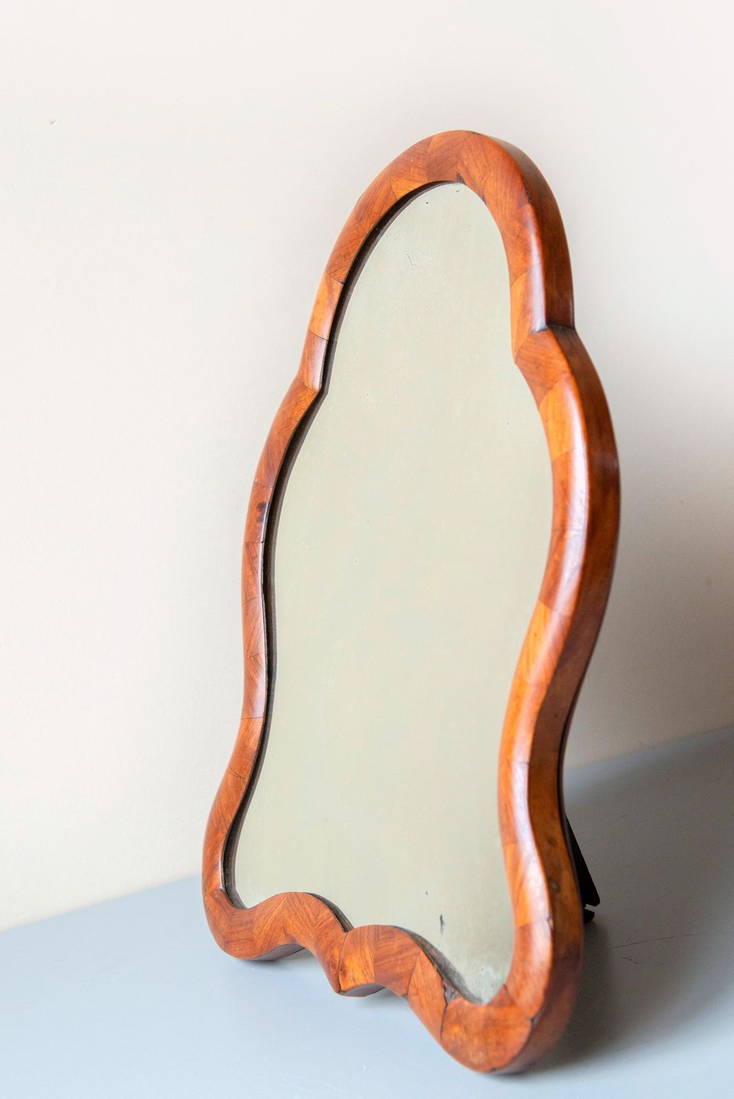 Antique Scalloped Table Mirror, Biedermeier Walnut Veneer Vanity Mirror, 19th Century photo furniture
