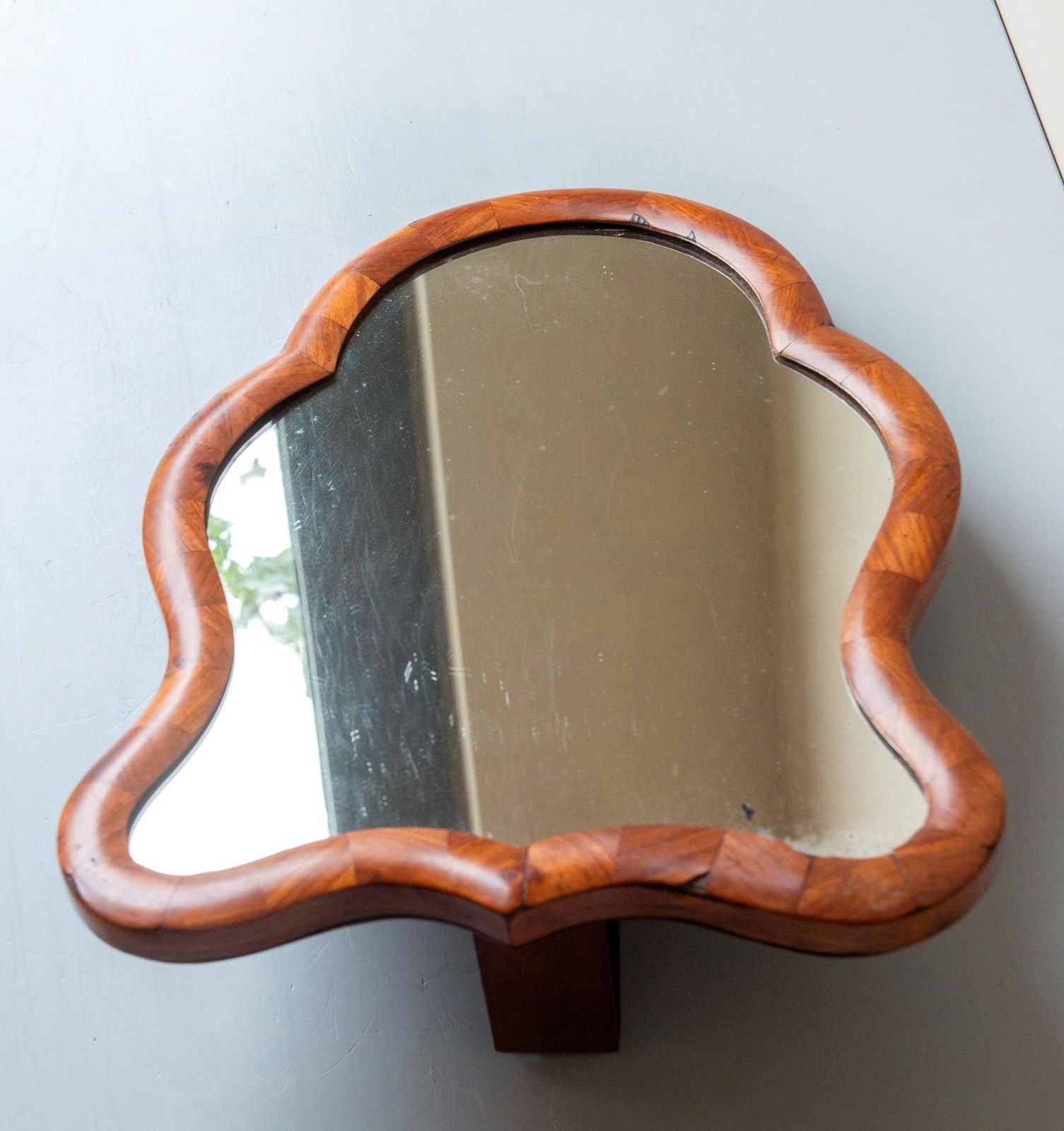 photo furniture Antique Scalloped Table Mirror, Biedermeier Walnut Veneer Vanity Mirror, 19th Century