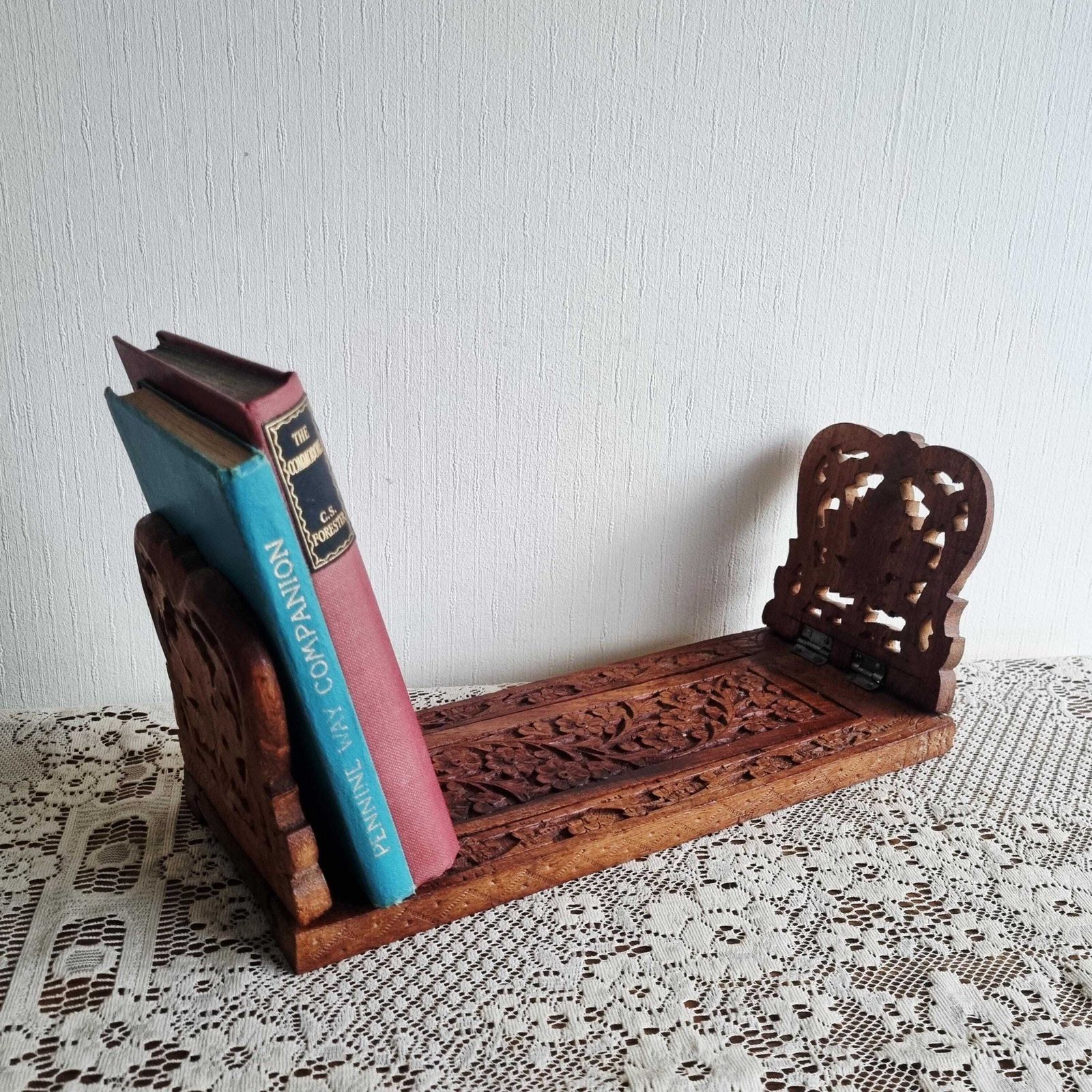 Vintage Indian Wood Bookrest/Bookshelf/Book Trough