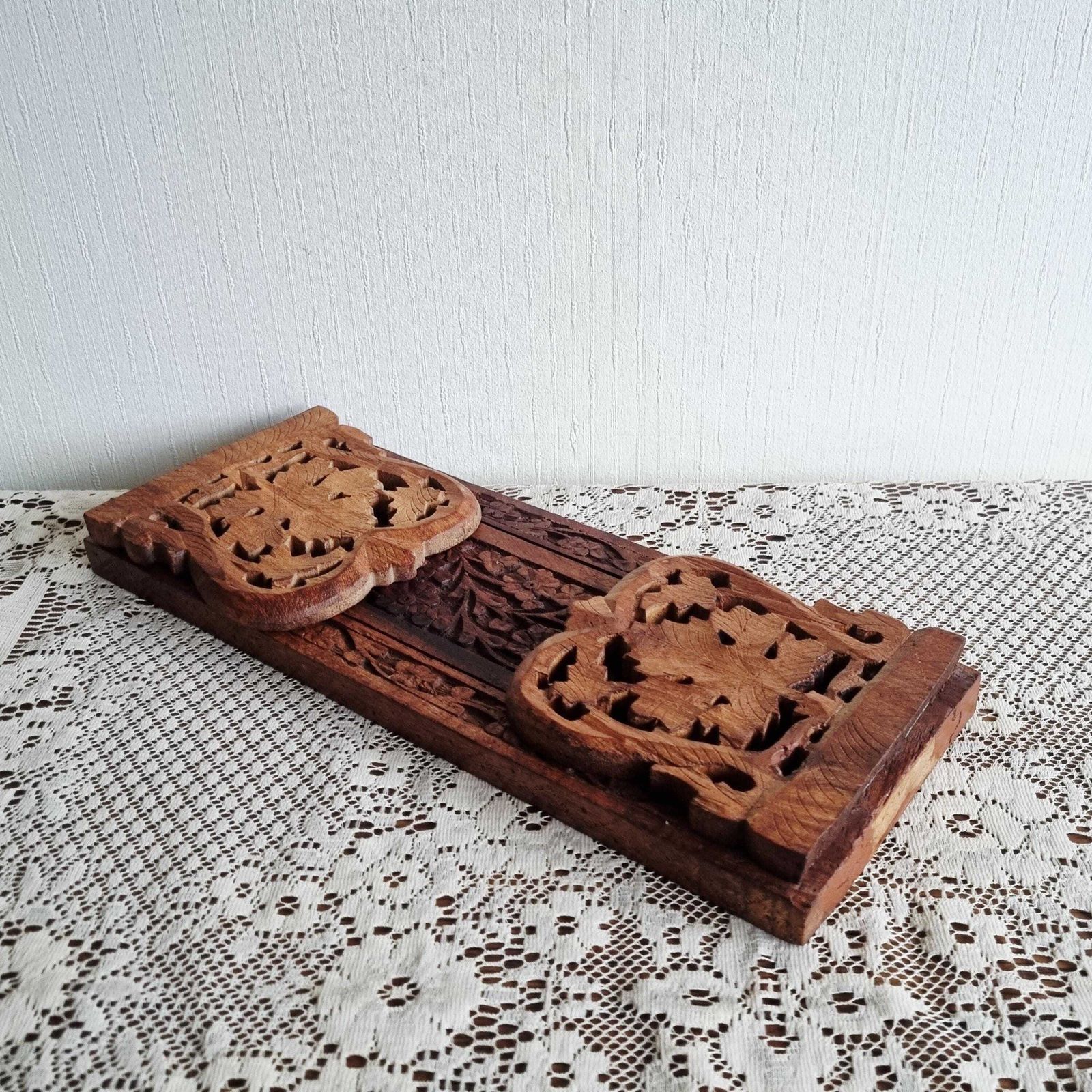 Vintage Indian Wood Bookrest/Bookshelf/Book Trough photo vintage