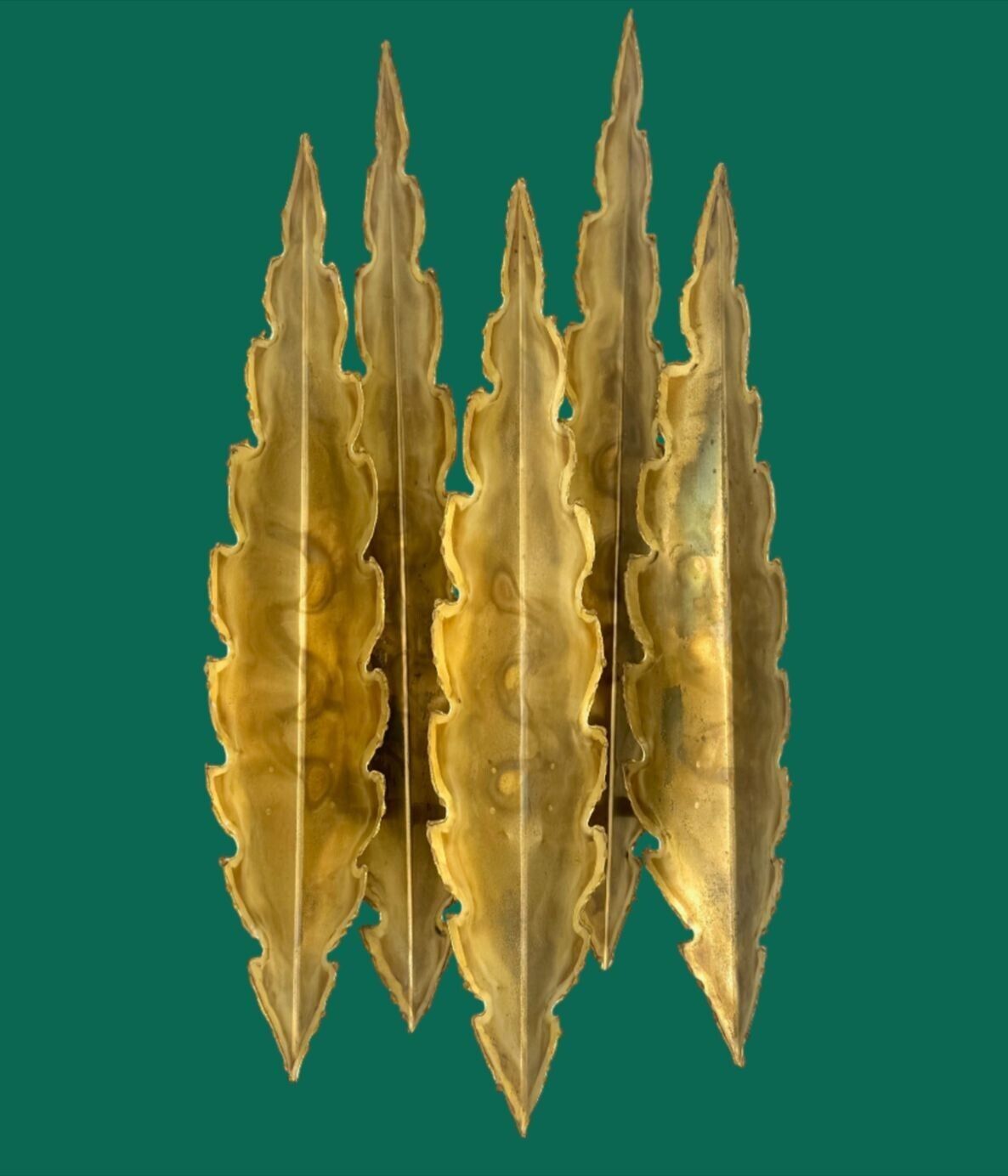 2350.0 A Pair Of Large 5 Frond 1960s Torch Cut Brass Wall Scocnes By Holm Sorensen photo