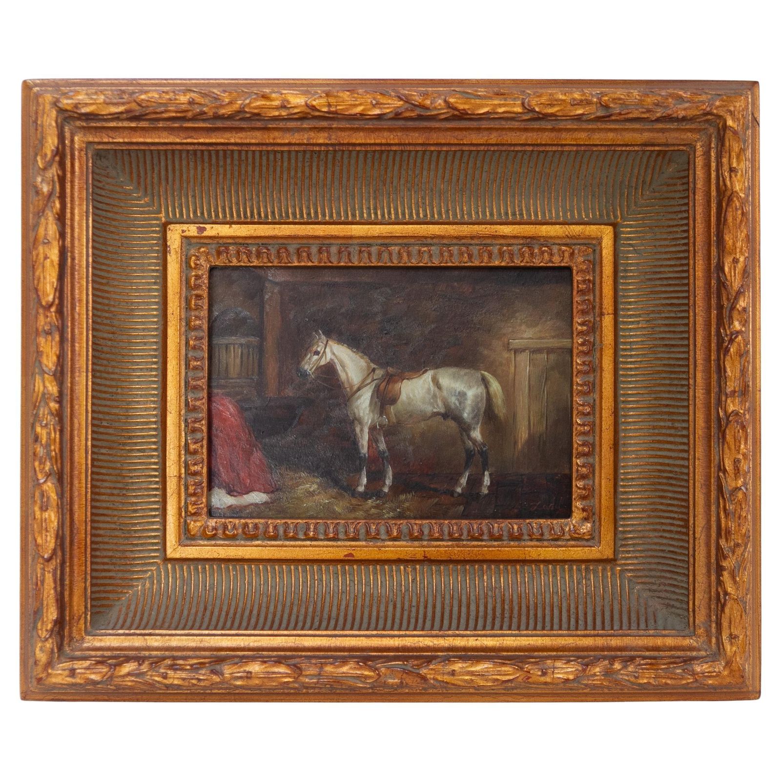 Vintage Oil Painting Of White Horse In Gilded Frame, 20th Century.