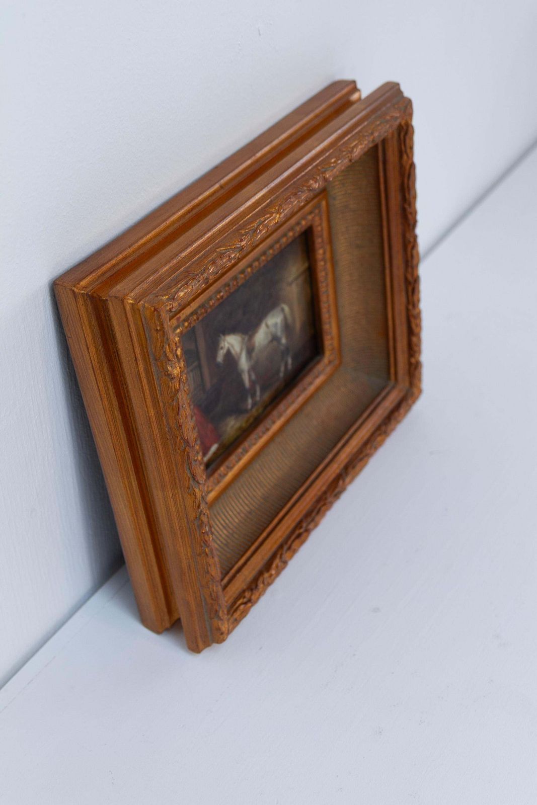 Vintage Oil Painting Of White Horse In Gilded Frame, 20th Century. photo for sale