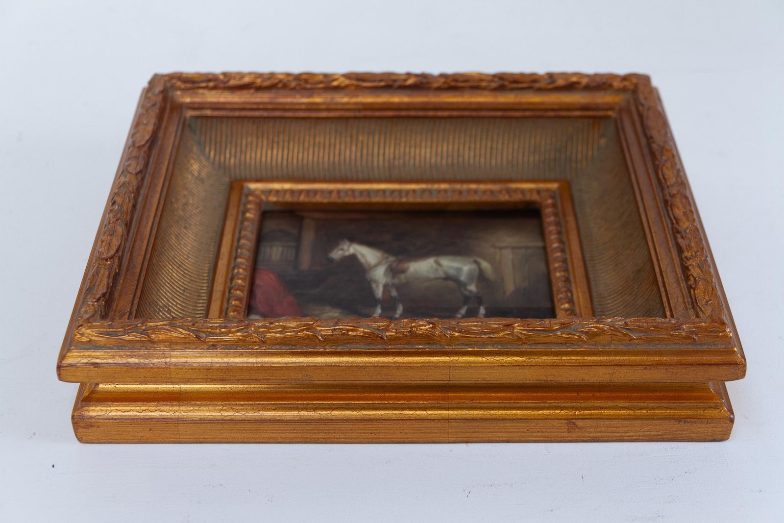 photo furniture Vintage Oil Painting Of White Horse In Gilded Frame, 20th Century.