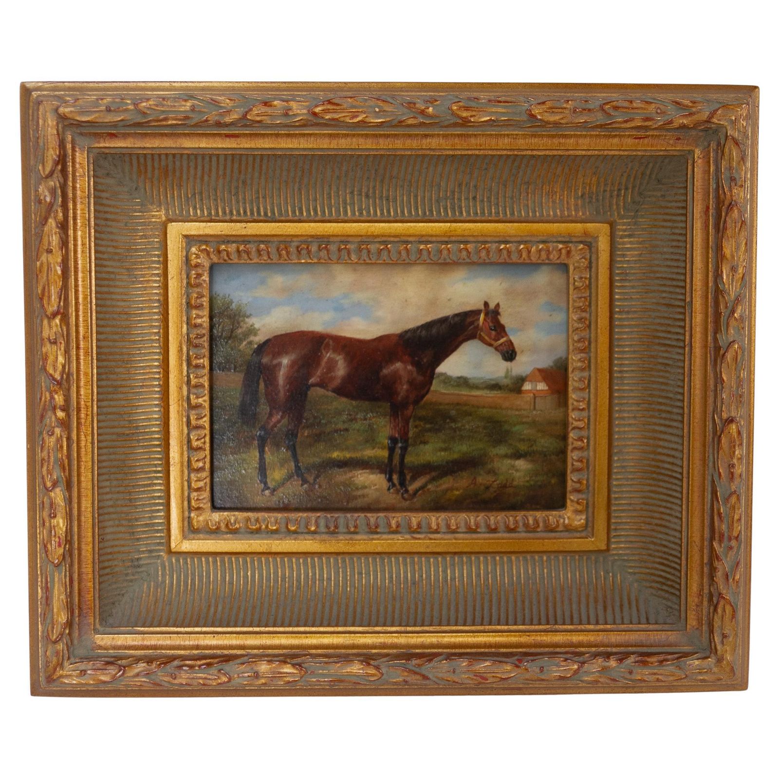 Vintage Oil Painting Of Bay Horse In Gilded Frame, 20th Century.