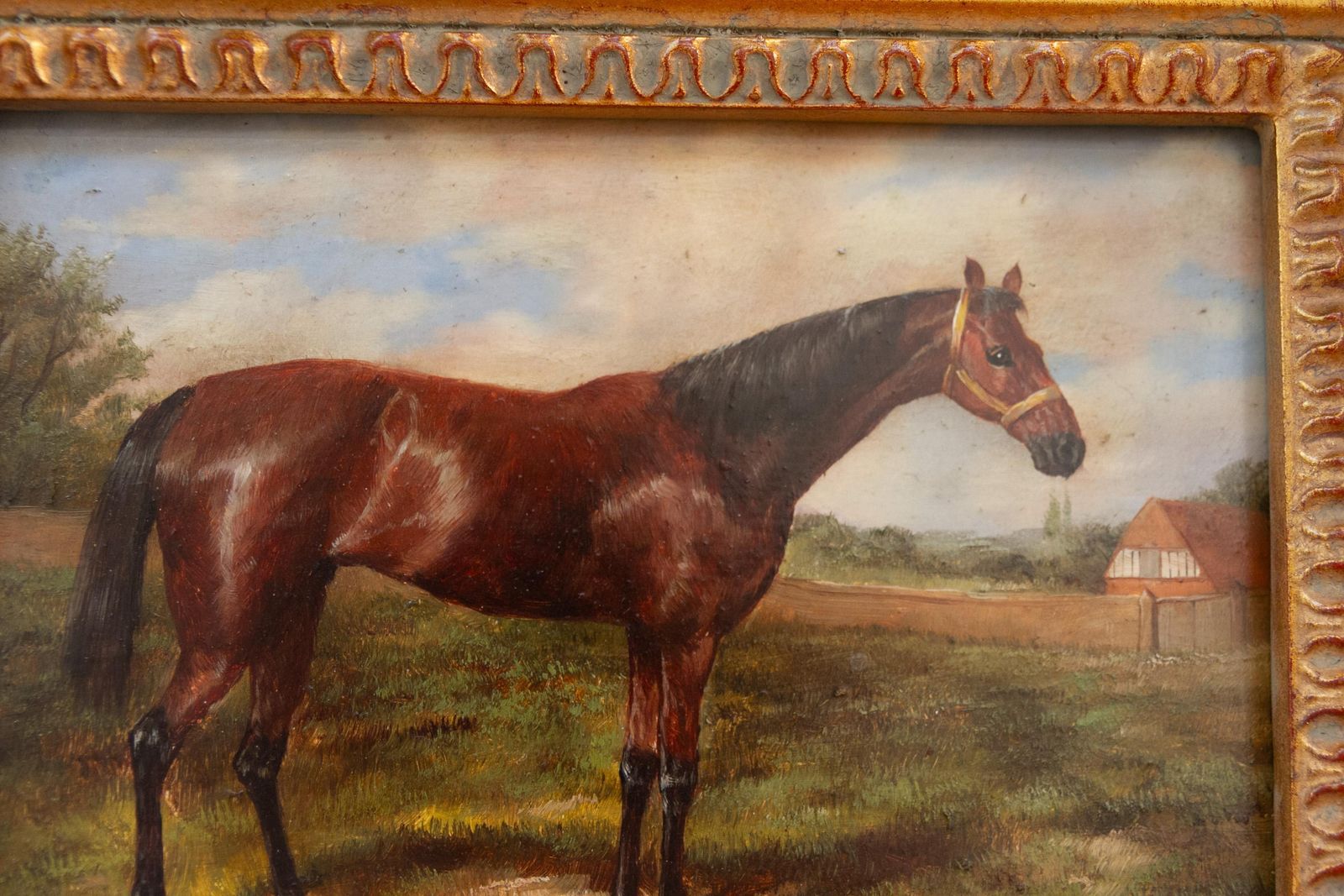photo vintage Vintage Oil Painting Of Bay Horse In Gilded Frame, 20th Century.