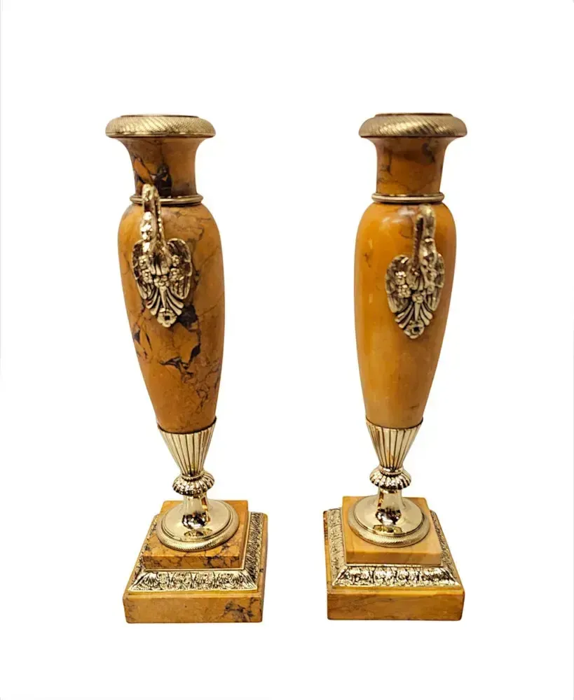 A Very Rare Pair Of 19th Century Sienna Marble Urns With Polished Brass Mounts photo Home Decor