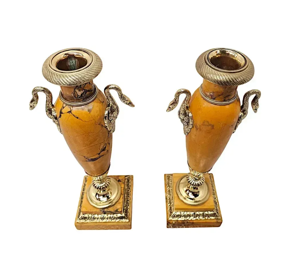 A Very Rare Pair Of 19th Century Sienna Marble Urns With Polished Brass Mounts photo 3420.9433