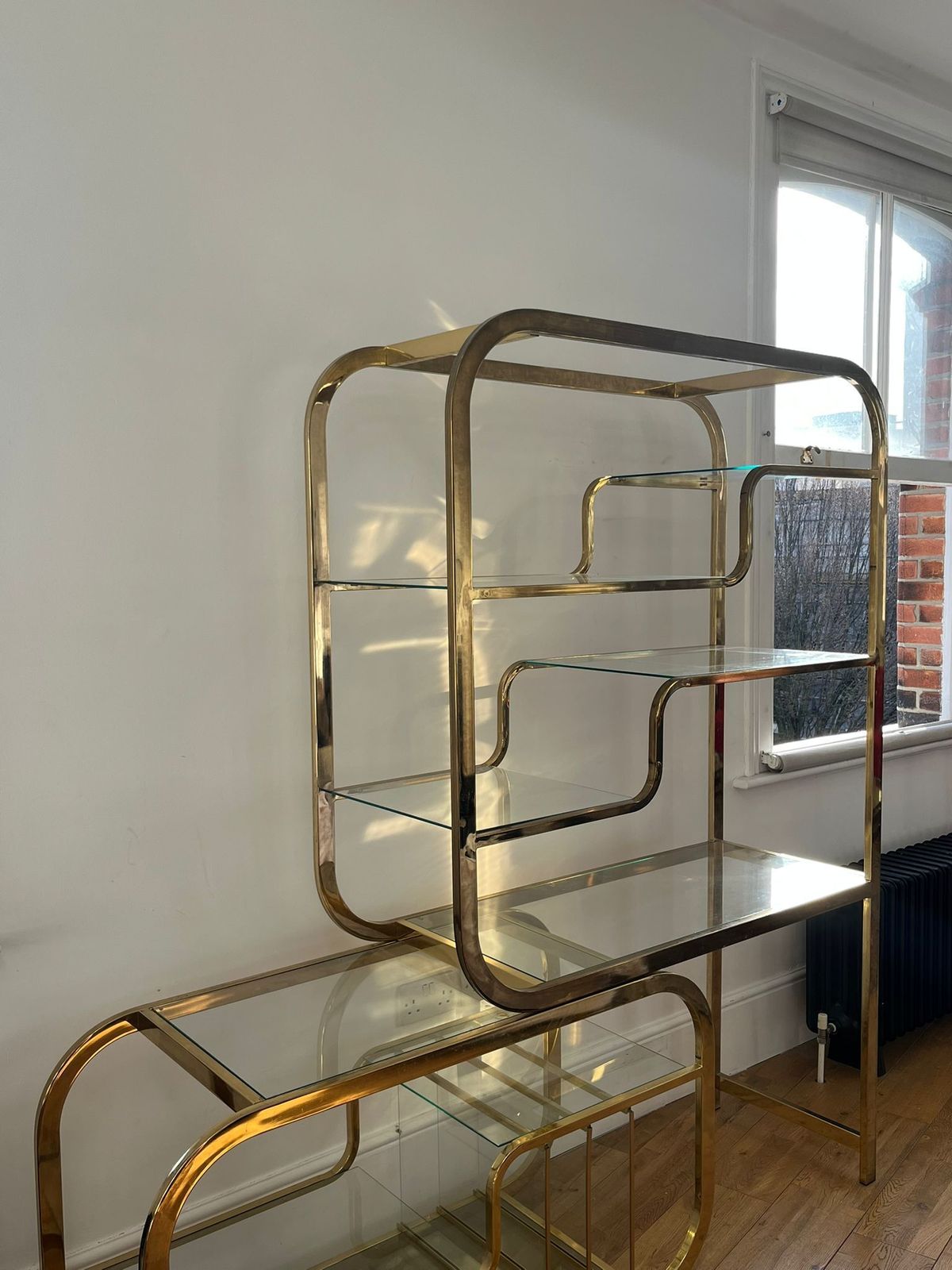 Mid Century Modern Curvilinear Polished Brass & Glass Etagere By Milo Baughman photo furniture
