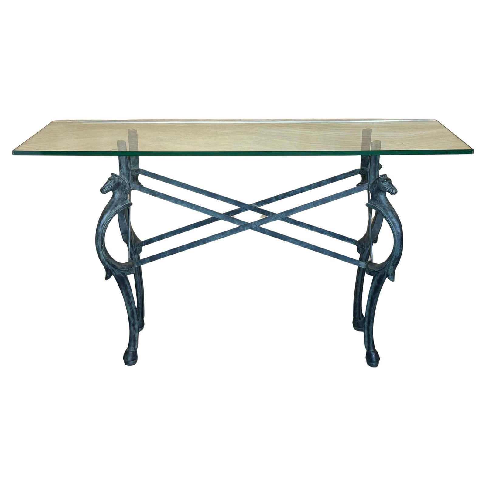 Neoclassical Revival Italian Bronze & Iron Console Table W Horse Details. 1950s