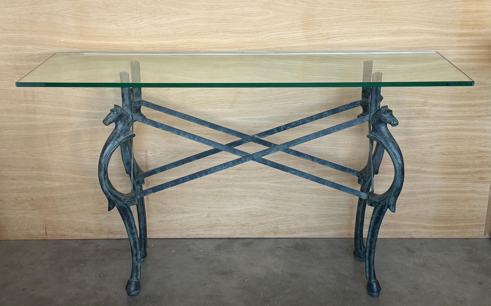 Neoclassical Revival Italian Bronze & Iron Console Table W Horse Details. 1950s photo for sale